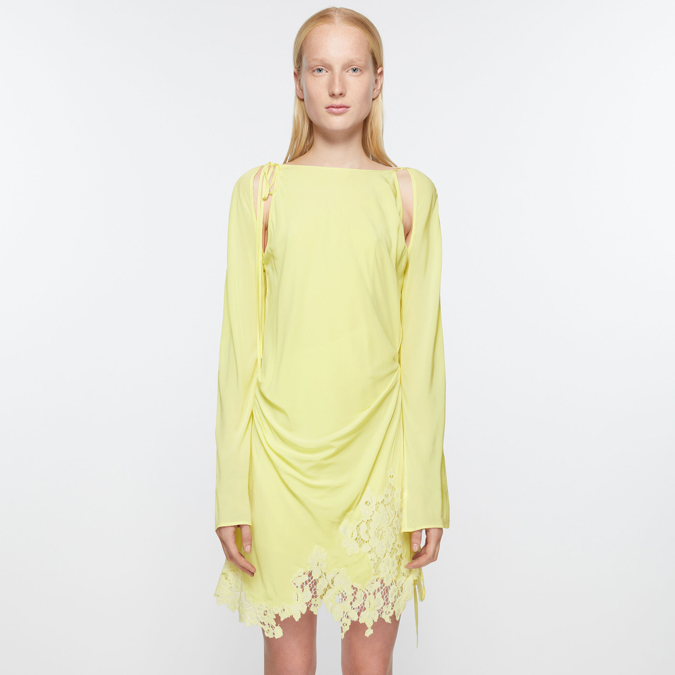 NIGO Acne Studios Women's Summer Yellow Lace Side Shoulder Hollow Tie Long Sleeve Fitted Dresses Ngvp #nigo8747