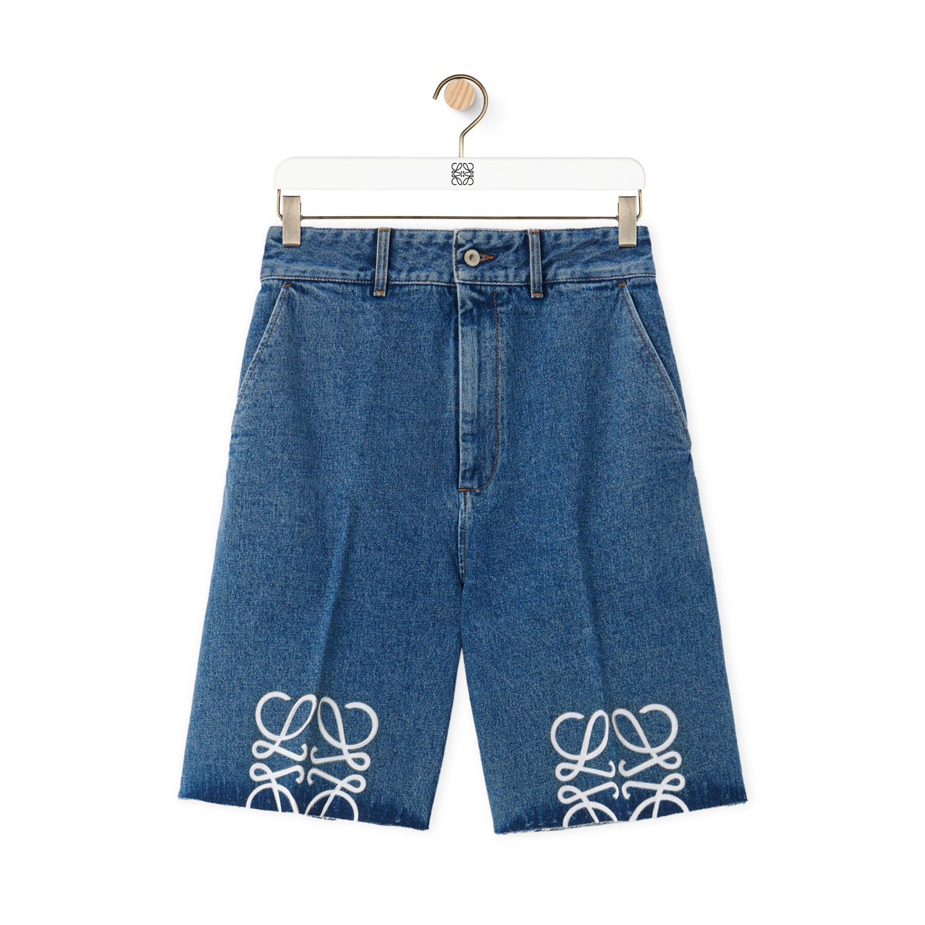 NIGO Loewe Women's Summer Blue Logo Label Straight Button Down Denim Shorts #nigo72349
