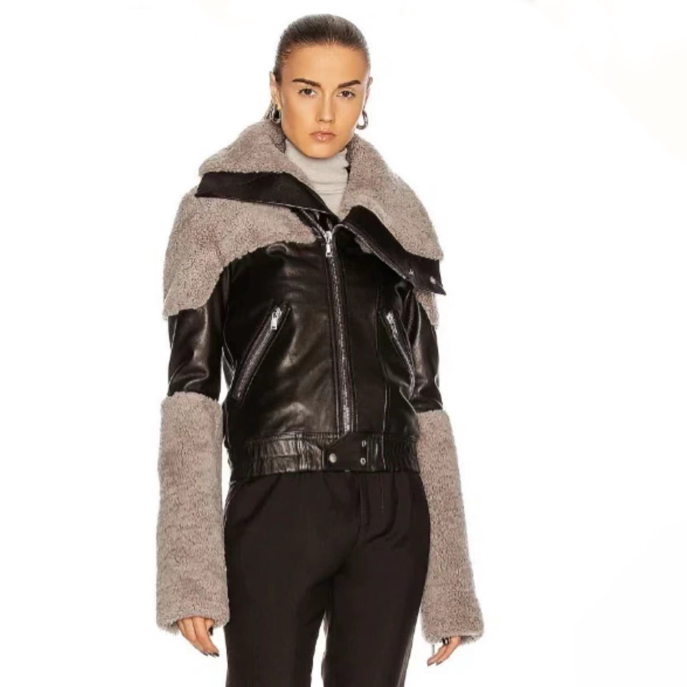 NIGO Rick Owens Men's And Women's Patchwork Collar Leather Jacket Fashion High Street Cool Lapel Short Jacket Ngvp #nigo6628