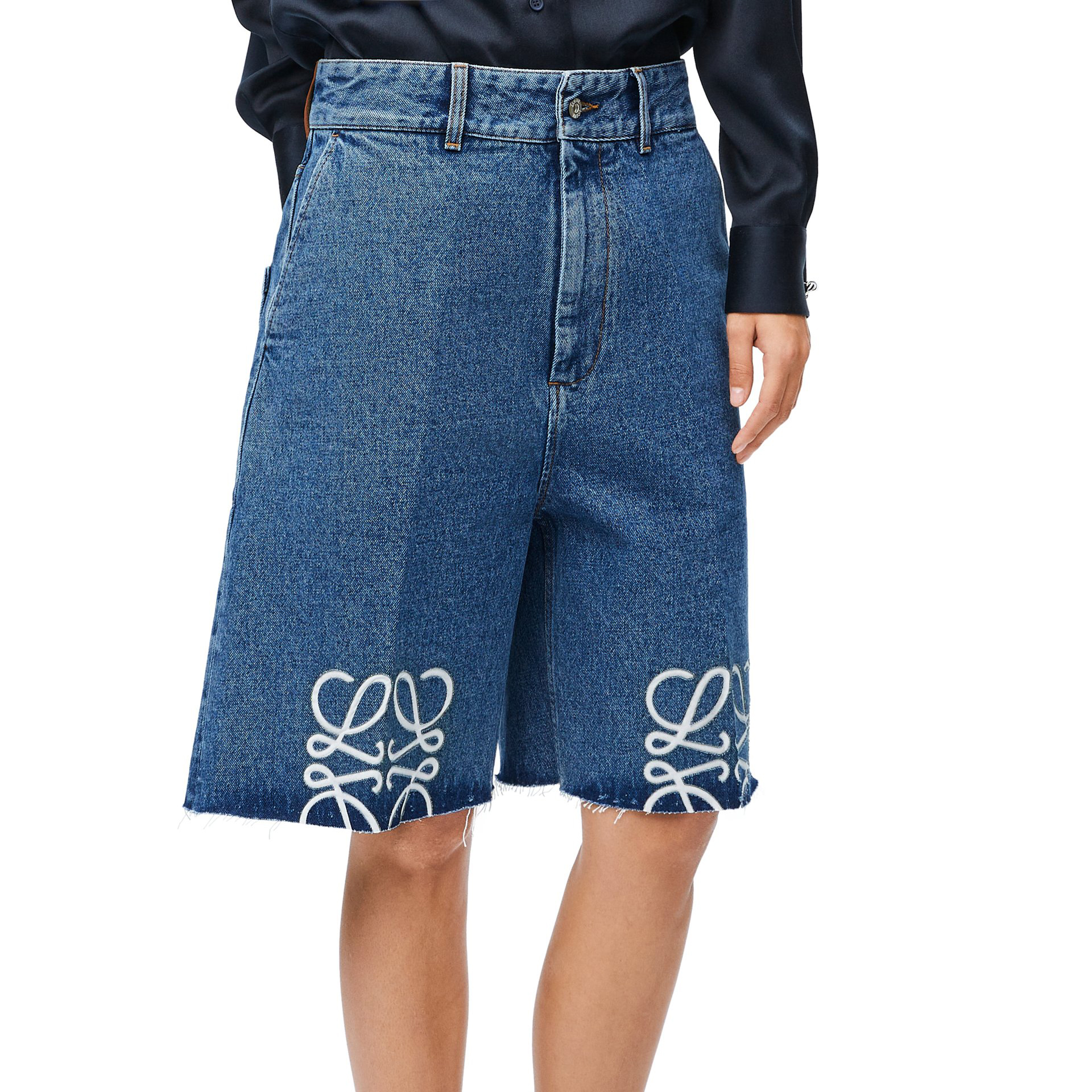 NIGO Loewe Women's Summer Blue Logo Label Straight Button Down Denim Shorts #nigo72349