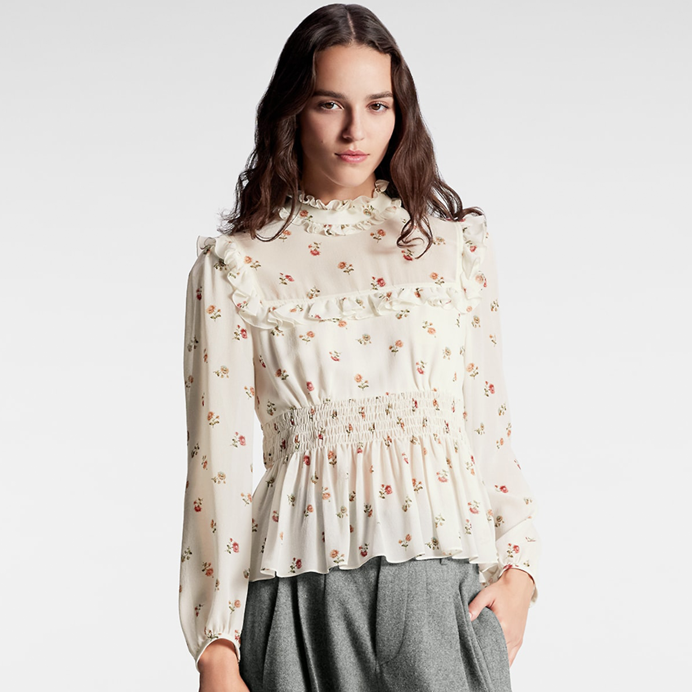 NIGO Louis Vuitton Women's Spring And Autumn Floral Printed Shirt Waisted Solid Silk Blouse Ruffled Long Sleeve Casual Fashion Tops Ngvp #nigo8766