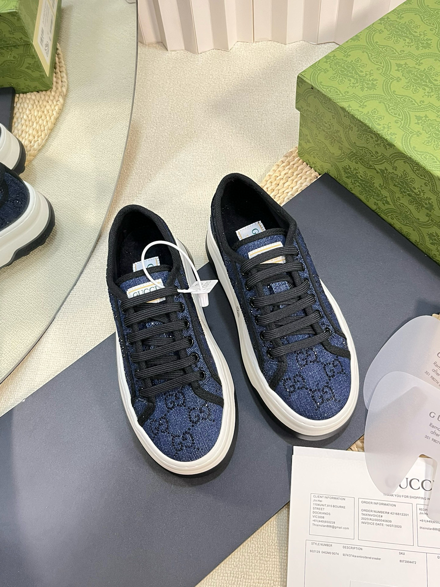 NIGO Gucci Women's Blue Round Toe Hot Rhinestone Letter Low Top Lace Up Sneakers Shoes #nigo72358