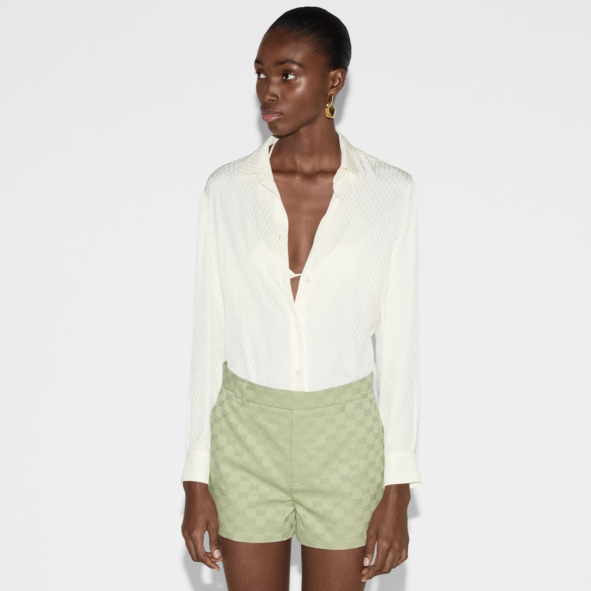 NIGO Gucci Women's Summer Solid Color Logo Jacquard Full Print Single Breasted Long Sleeve Shirt #nigo72373