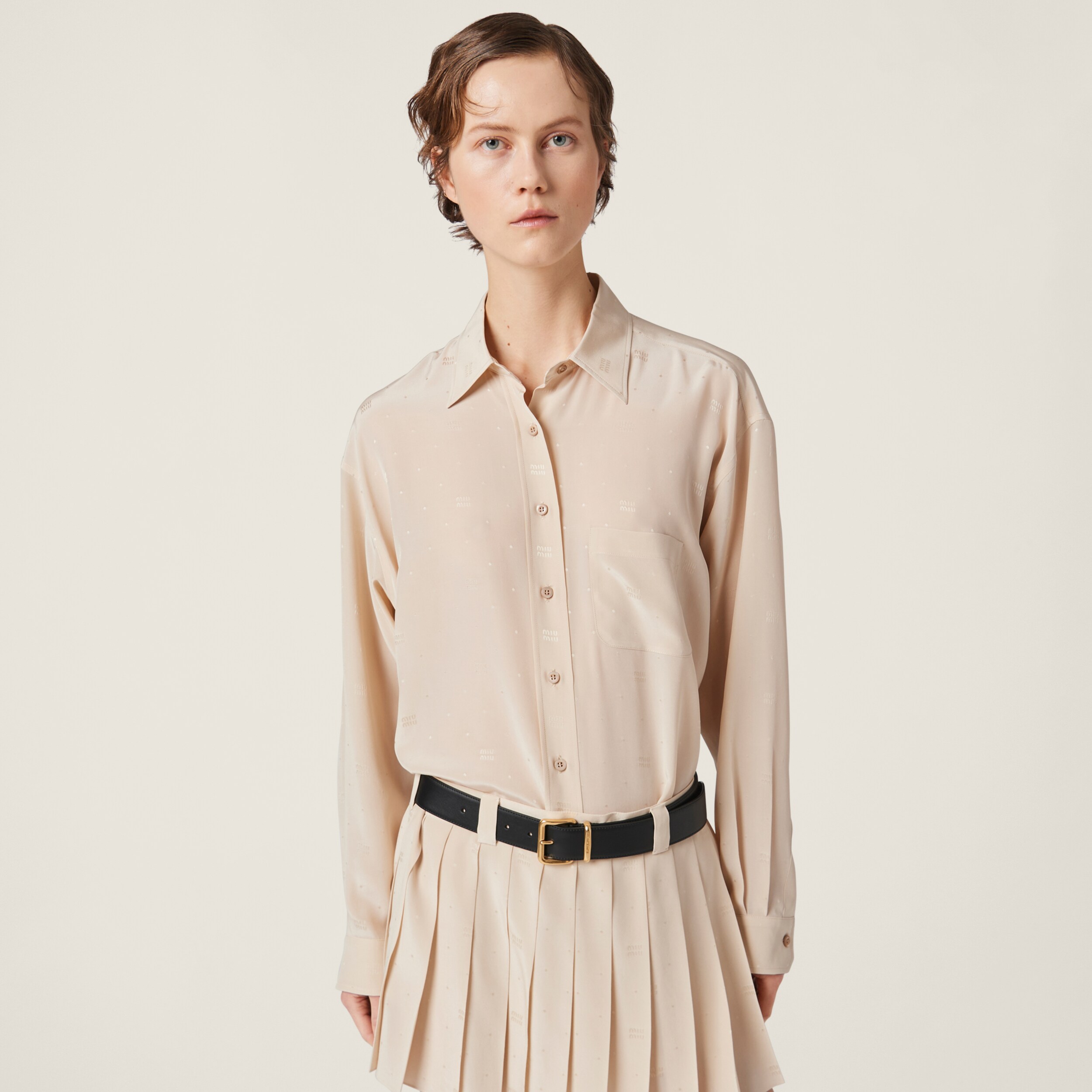 NIGO MiuMiu Women's Spring/Summer Dark Logo Khaki Single Breasted Long Sleeve Shirt Pleated Short Skirt Set Suit #nigo72378