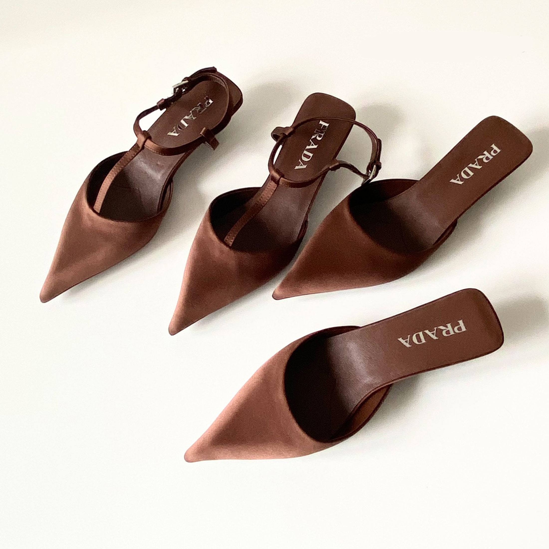 NIGO Prada Women's Spring Summer Satin Slingback Pumps Logo Metal Heel Strappy Heels Pointed Toe Slippers Shoes #nigo71357