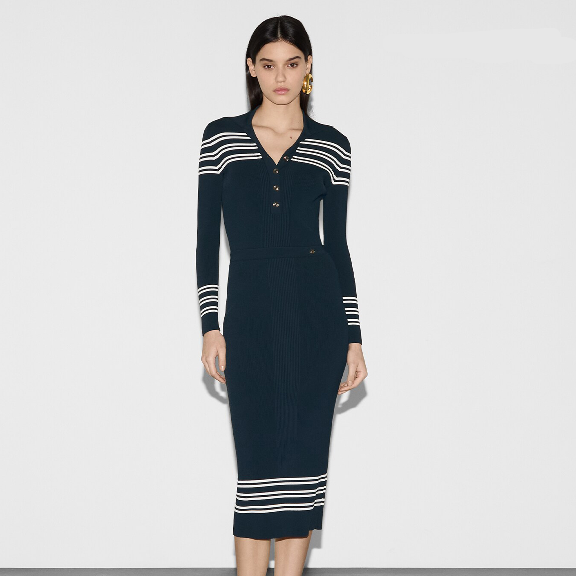NIGO Gucci Women's Spring And Autumn Blue Striped Stretch Ribbed Knit Button Sweater Long Slim Half-body Skirt Temperament Suit Set #nigo71349