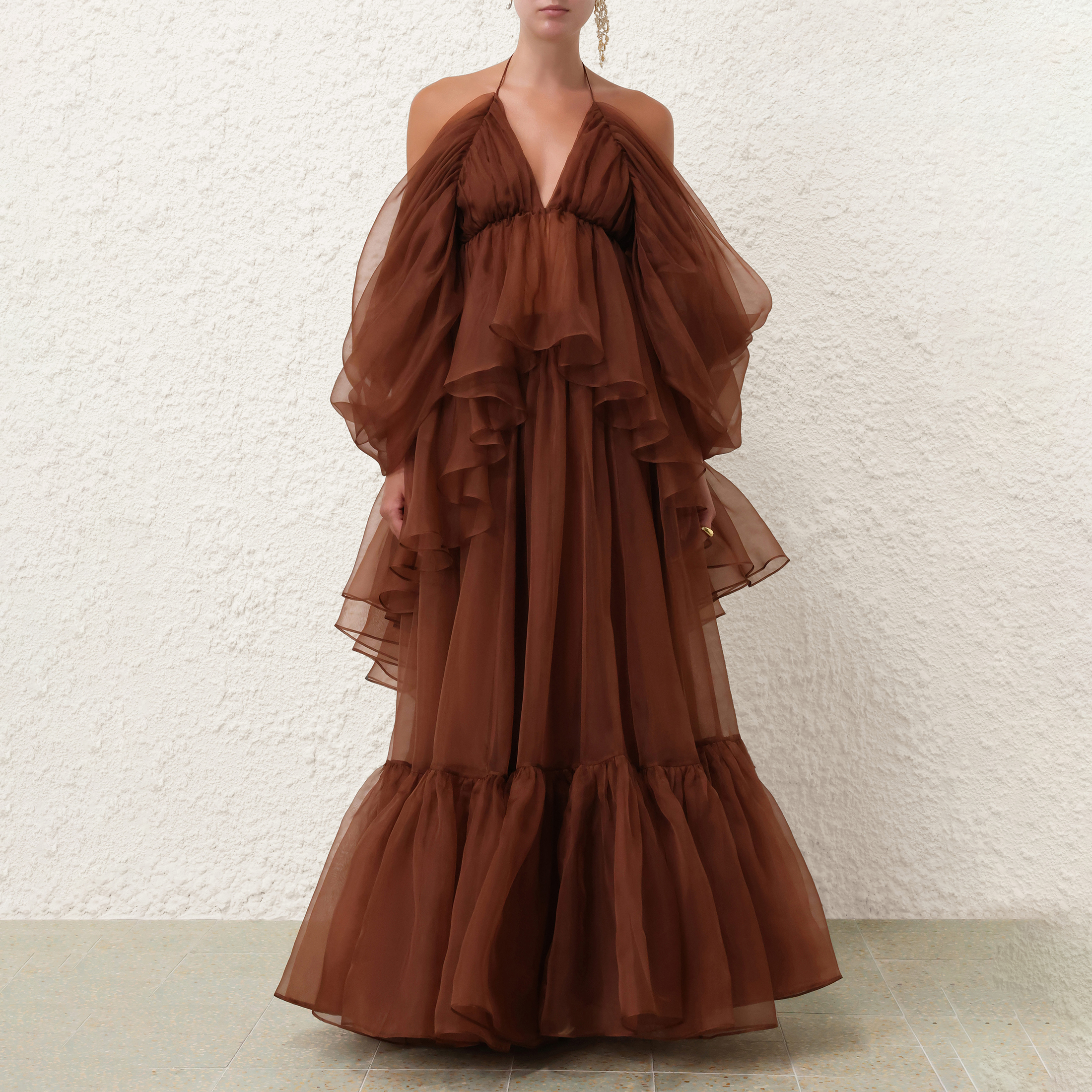 NIGO Zimmermann Women's Spring/summer Brown Hanging Neck Hundred Pleats Silk Dress Elegant And Noble Thin Gauze Large Hem Top Half Skirt Suit Set #nigo71356