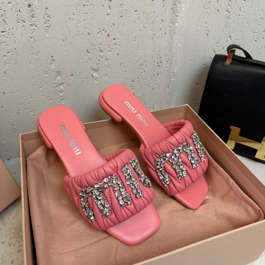 NIGO MiuMiu Women's Summer Diamonds Letter Logo Flat Pleated Calfskin Sandals Slippers Shoes #nigo72376