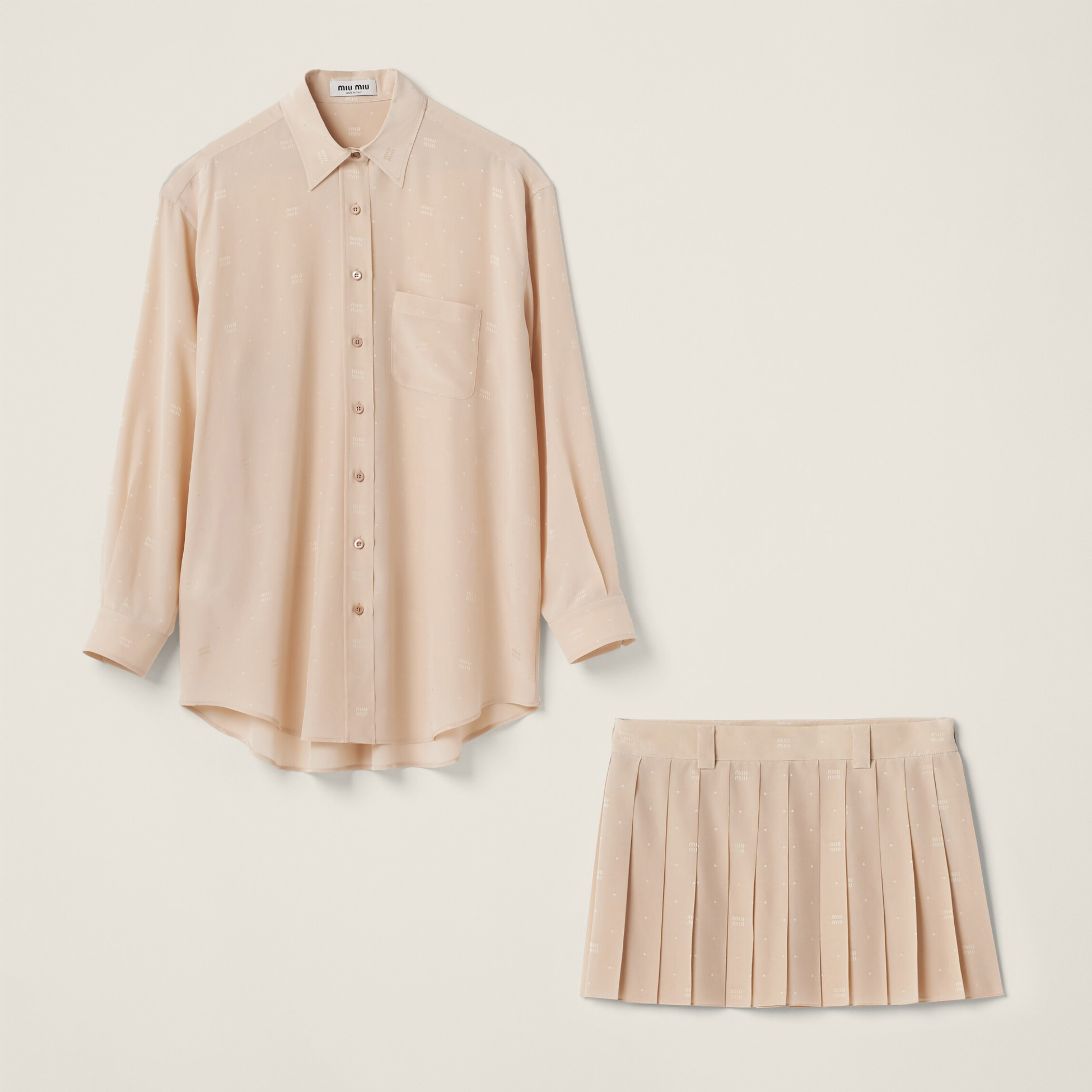 NIGO MiuMiu Women's Spring/Summer Dark Logo Khaki Single Breasted Long Sleeve Shirt Pleated Short Skirt Set Suit #nigo72378