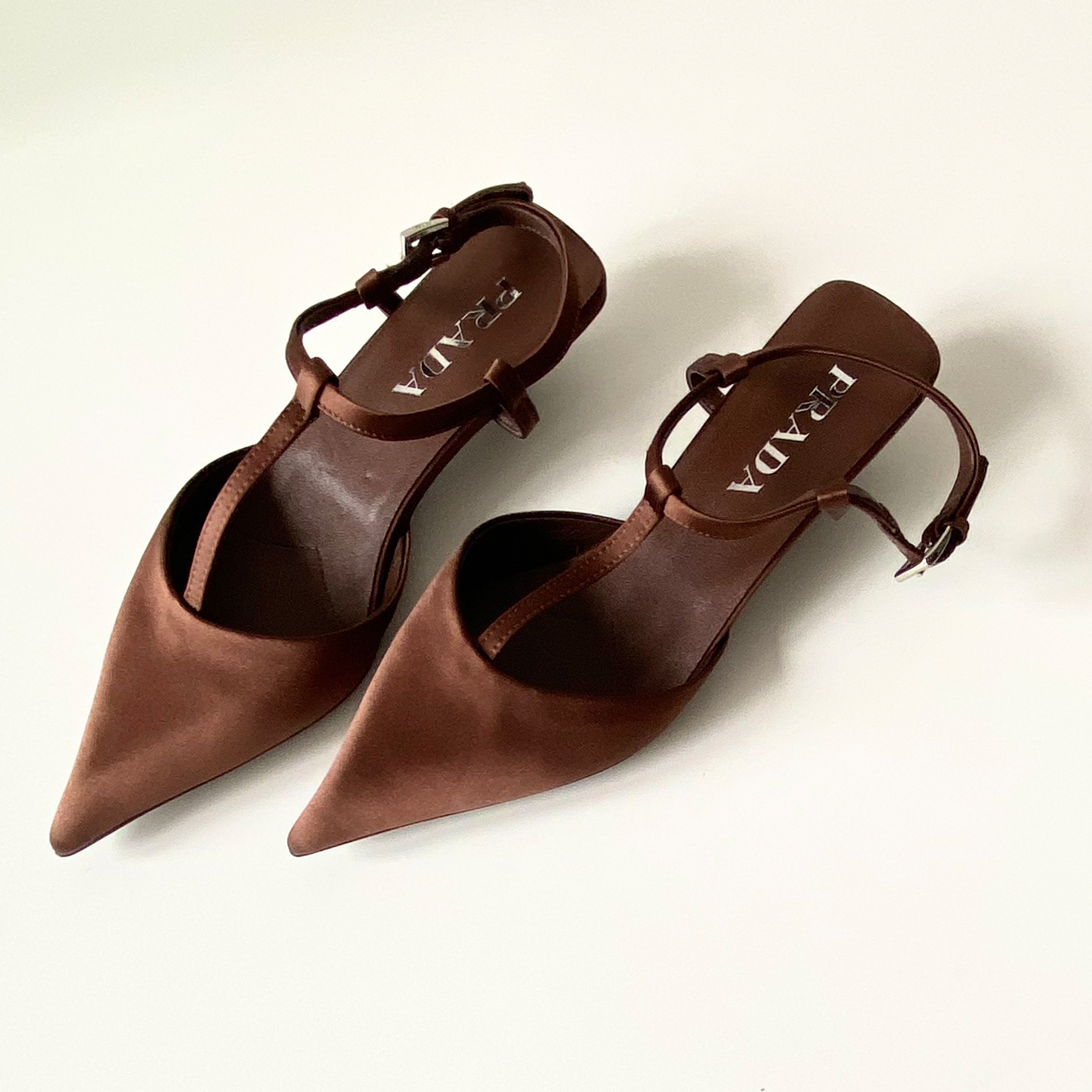 NIGO Prada Women's Spring Summer Satin Slingback Pumps Logo Metal Heel Strappy Heels Pointed Toe Slippers Shoes #nigo71357