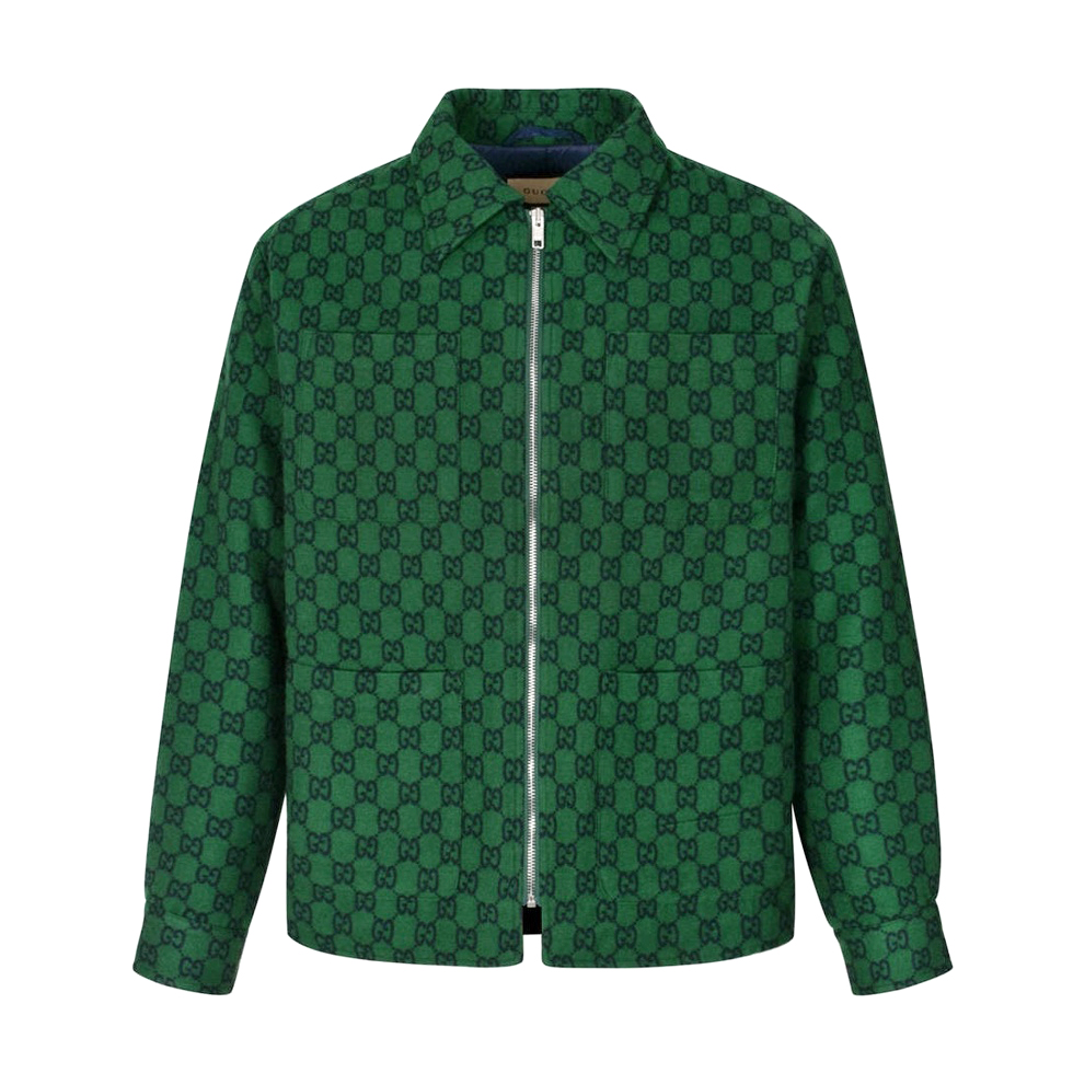 NIGO Gucci Men's Spring and Autumn Green Logo Full Print Wool Blend Zipper Long Sleeve Jacket #nigo72382