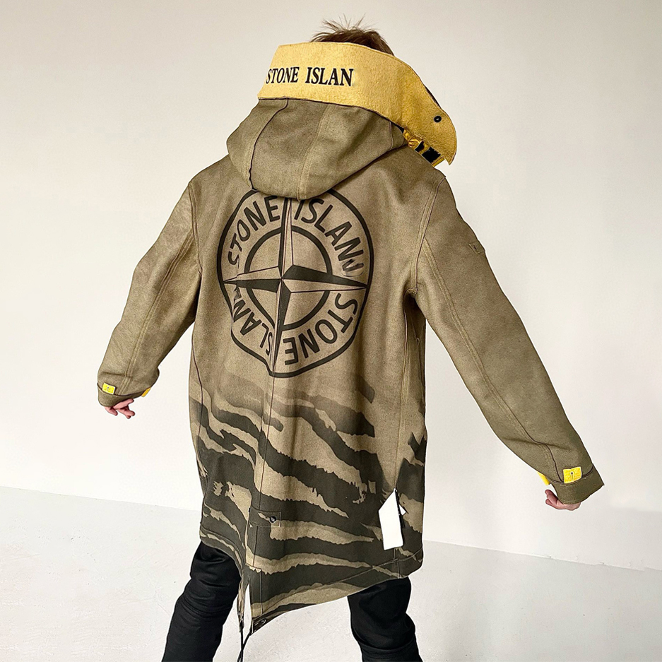 NIGO Stone Island Men's Fall And Winter Winter Thickened Suede Printed Hooded Coat Front And Back Wear Jacket With Liner #nigo72395
