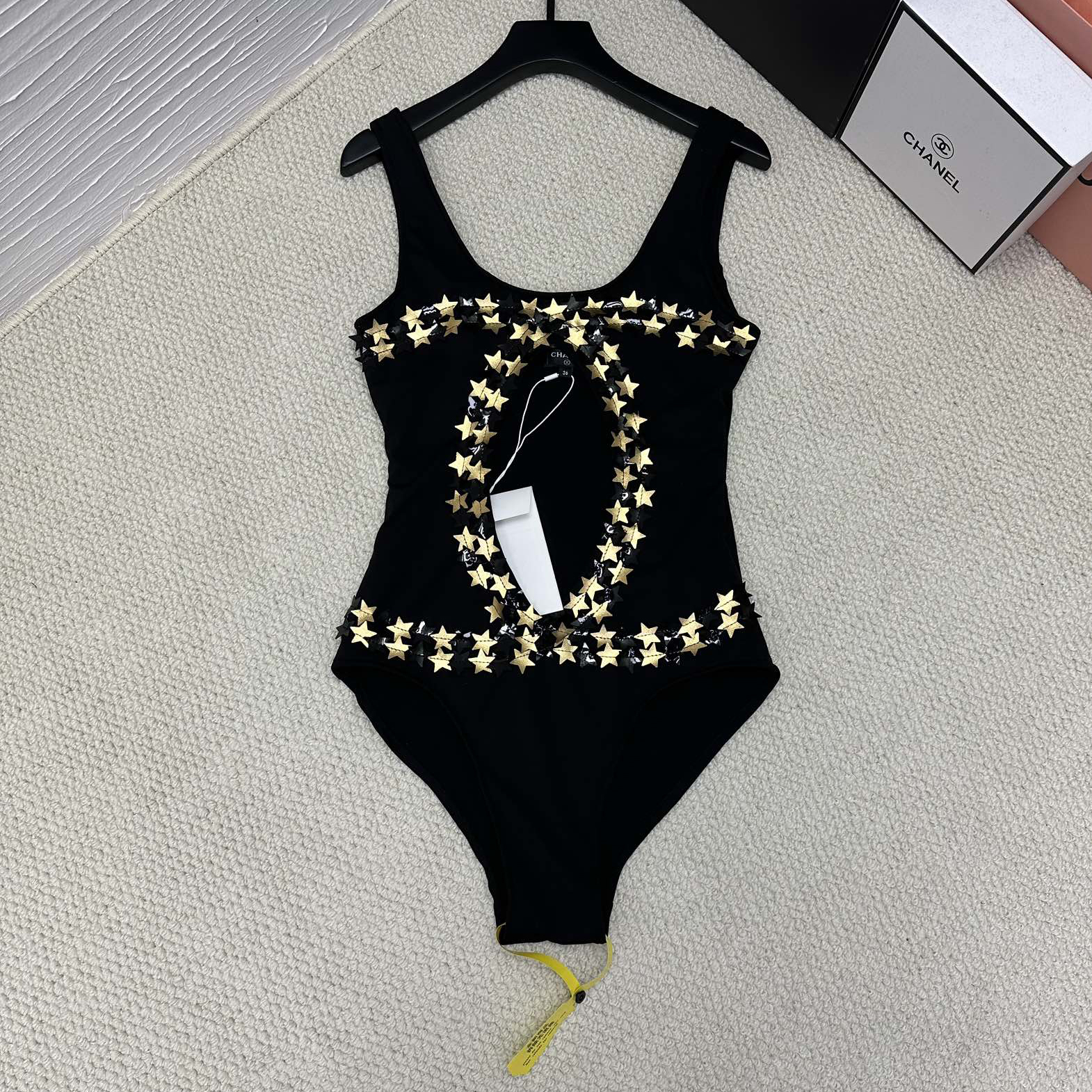 NIGO Chanel Women's Summer Gold Star Hollow Decoration Black One-piece Swimsuit #nigo72391