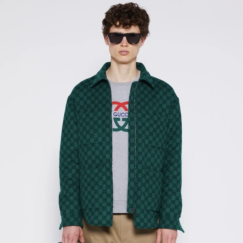NIGO Gucci Men's Spring and Autumn Green Logo Full Print Wool Blend Zipper Long Sleeve Jacket #nigo72382