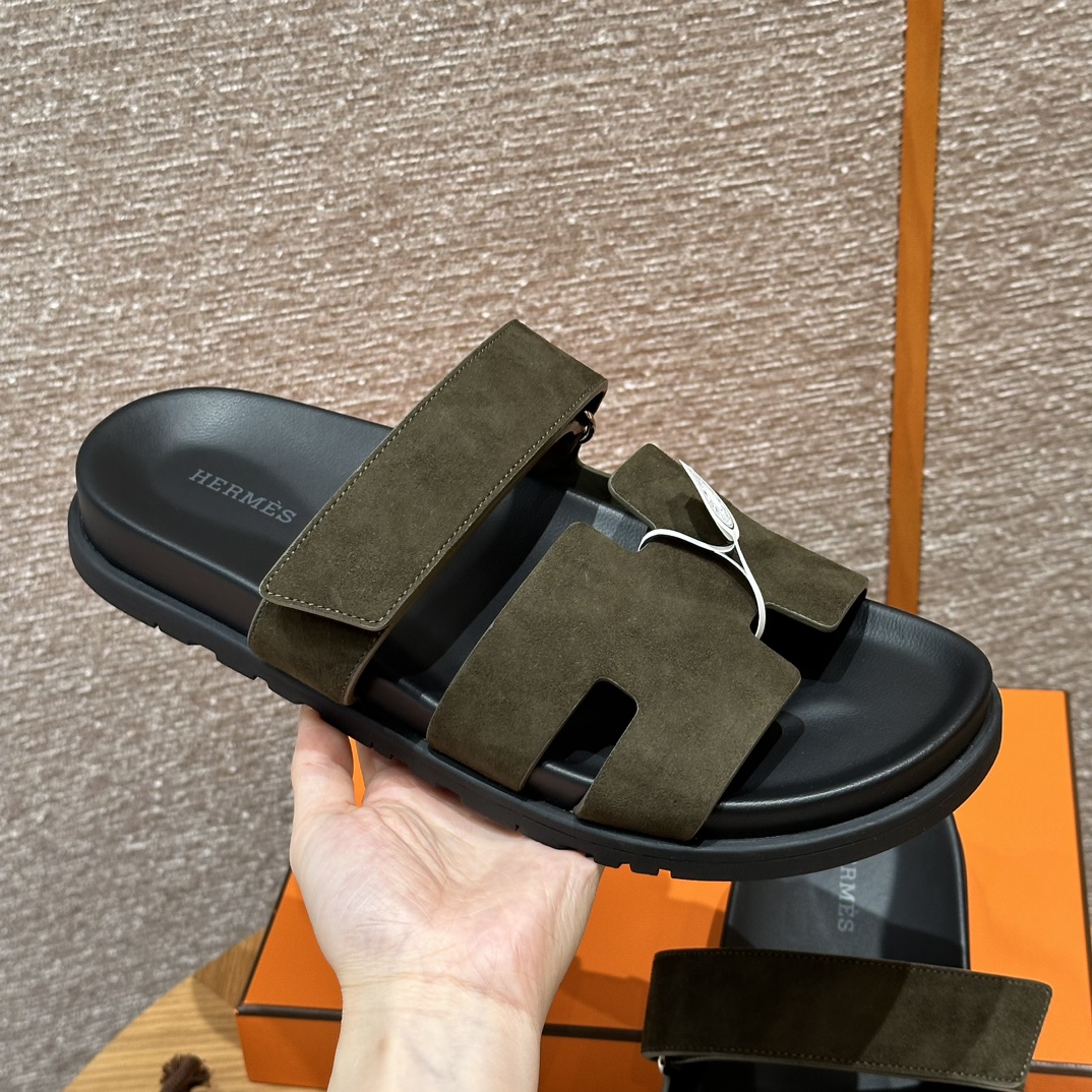 NIGO Hermes Chypre Men's Solid Color Suede Velcro Flat Fashion Sandals Shoes #nigo72385