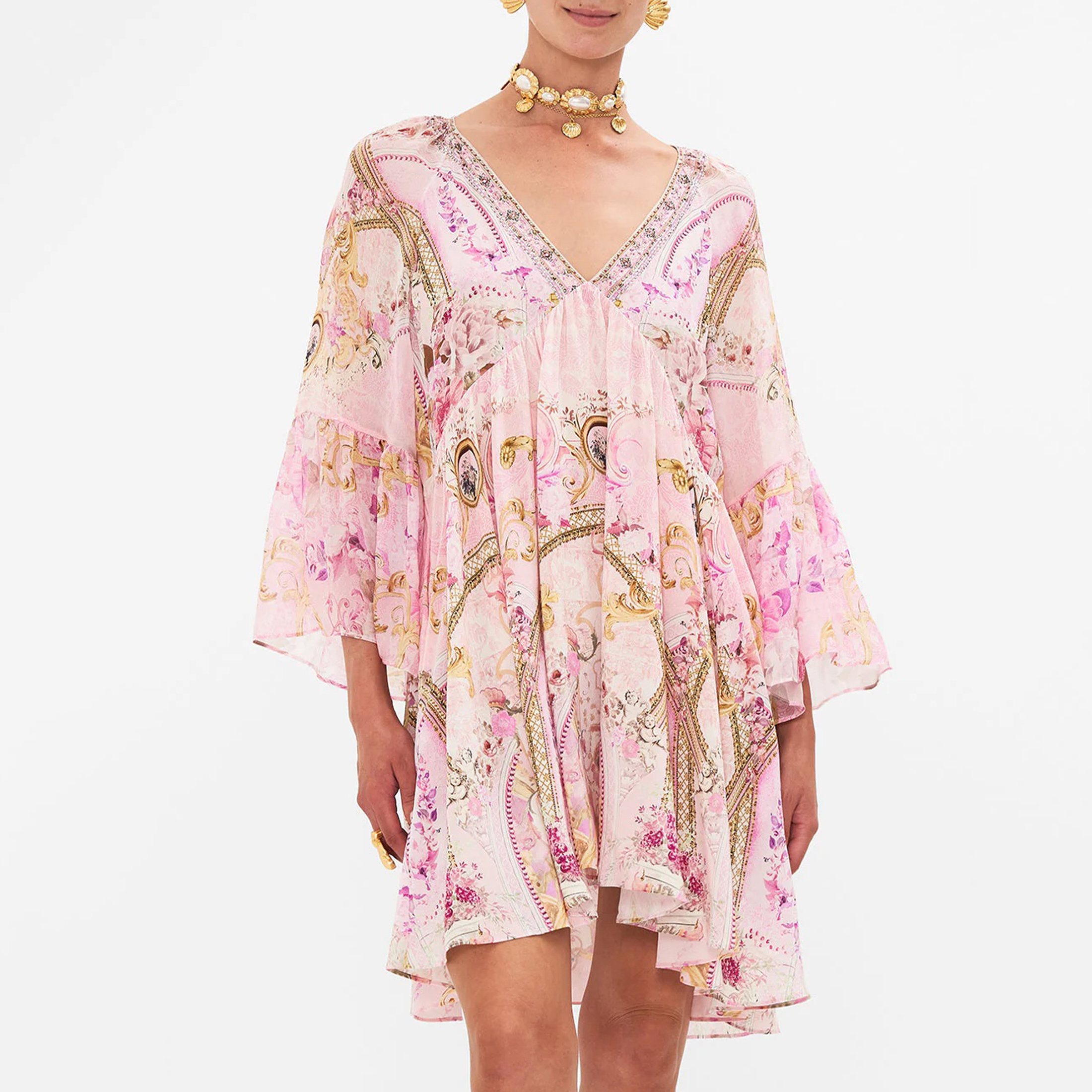 NIGO Camilla Women's Summer V-Neck Sexy Flared Sleeve Floral Printed Loose Silk Long Sleeve Dresses Ngvp #nigo8823