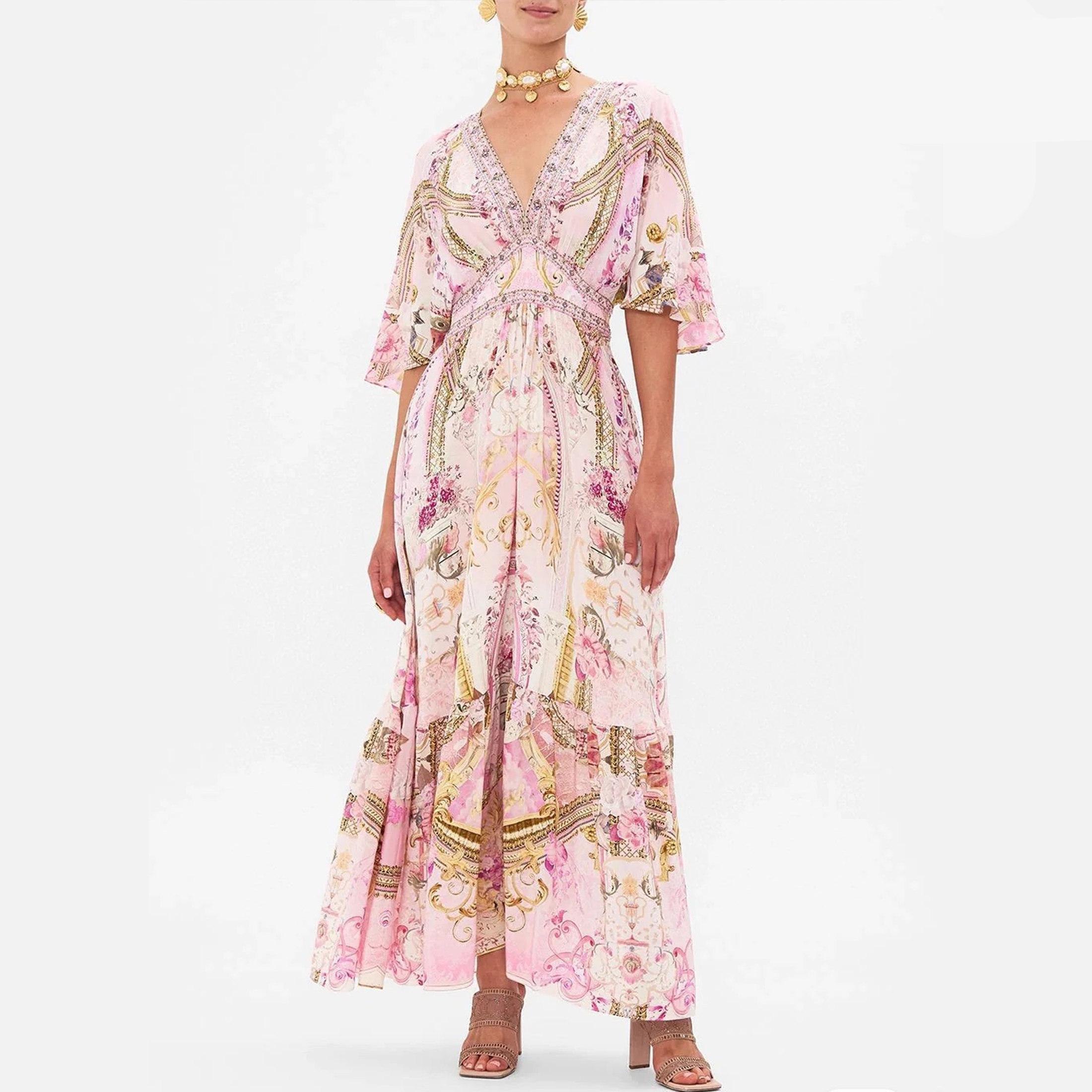 NIGO Camilla Women's Summer Fashion Pink Flower Silk Print Bohemian Diamond Slim V-neck Long Sleeve Dresses Ngvp #nigo8783