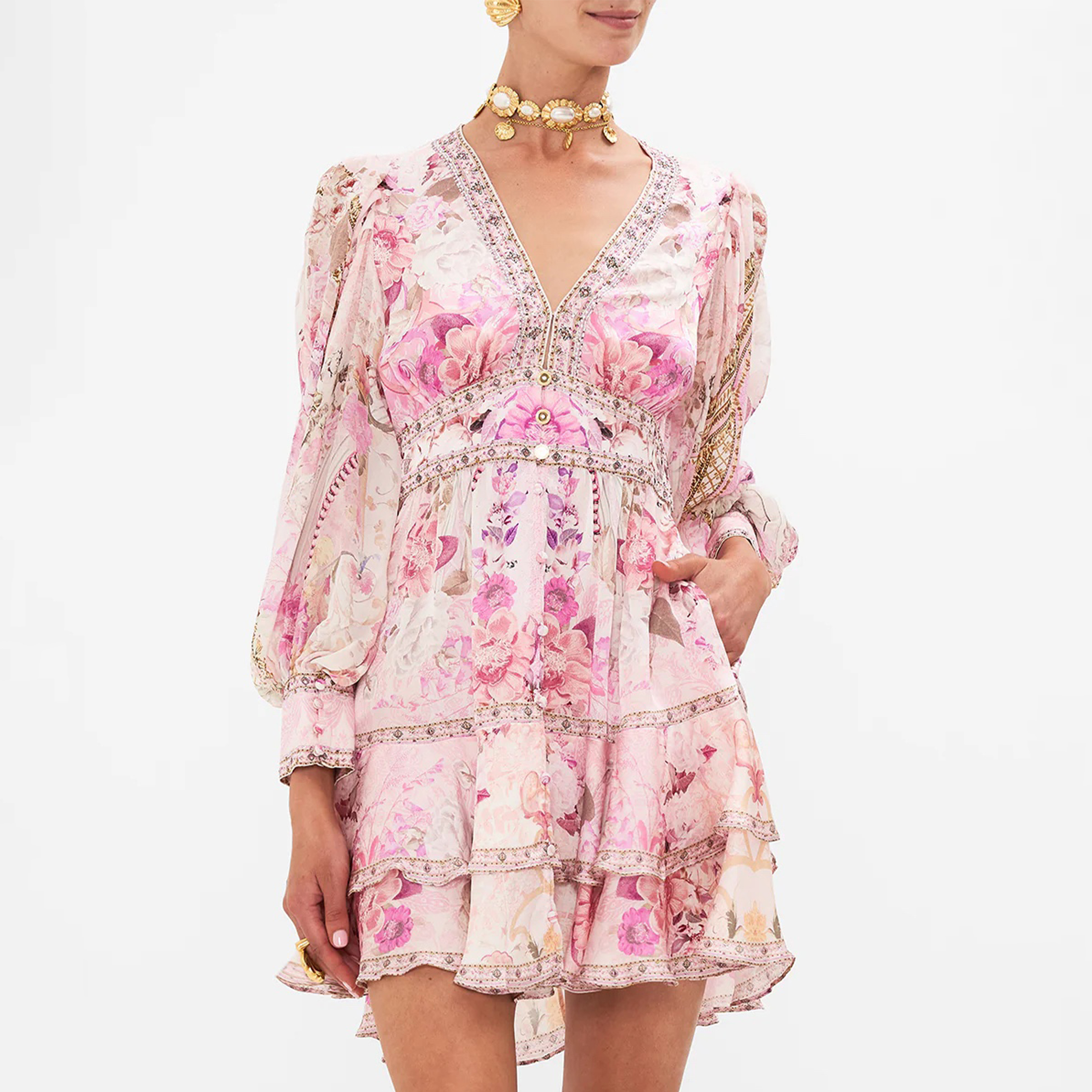 NIGO Camilla Women's Summer Pink Floral Printed V-Neck Rhinestone Embellished Silk Loose Long Sleeve Dress Ngvp #nigo8824