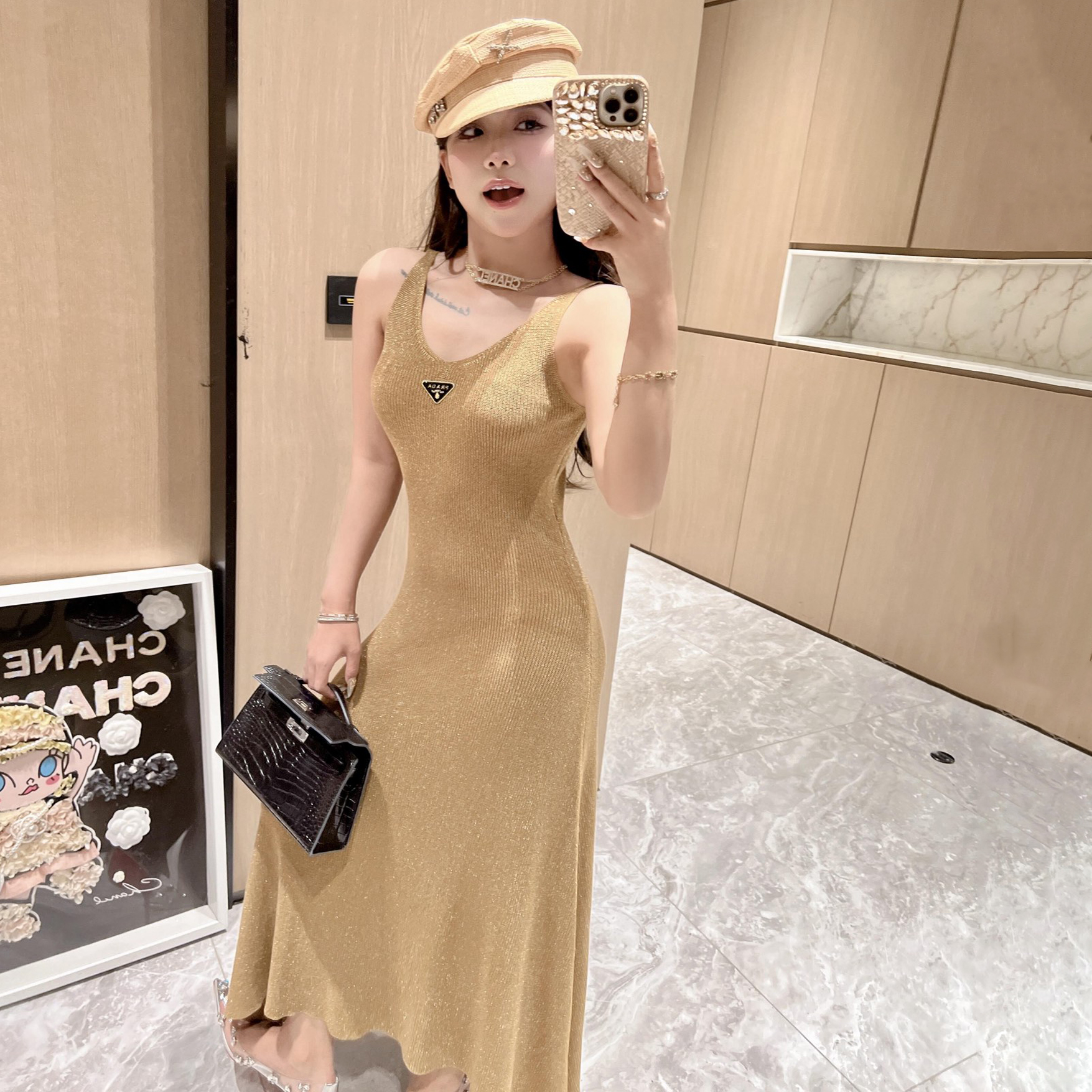 NIGO Prada Women's Summer Gilt V-Neck Knit Halter Long Dresses #nigo72456