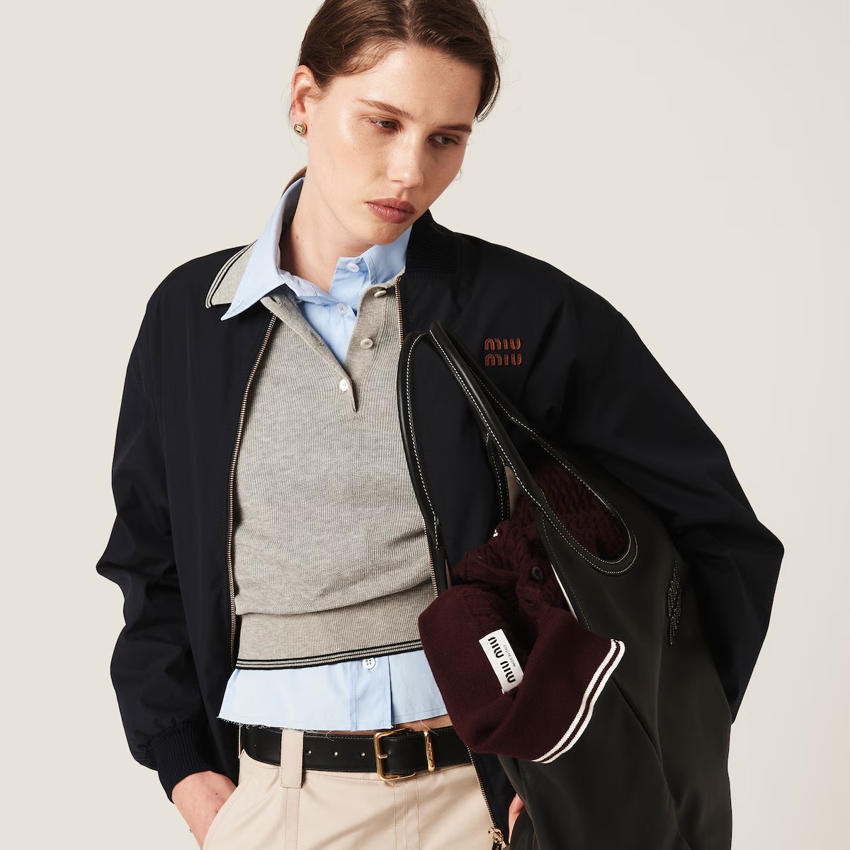 NIGO MiuMiu Women's Spring and Autumn Navy Blue Logo Letter Applique Zipper Pilot Jacket #nigo72454