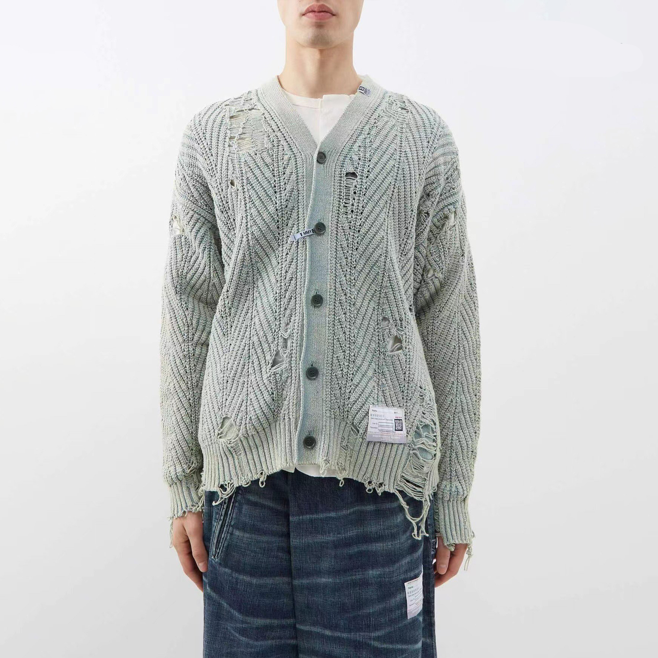 NIGO Maison Mihara Yasuhiro Men's Women's Autumn And Winter Retro Old High Street Hole Breaking Sweater Single Breasted V-neck Long Sleeve Knitted Cardigan Sweater Ngvp #nigo8791