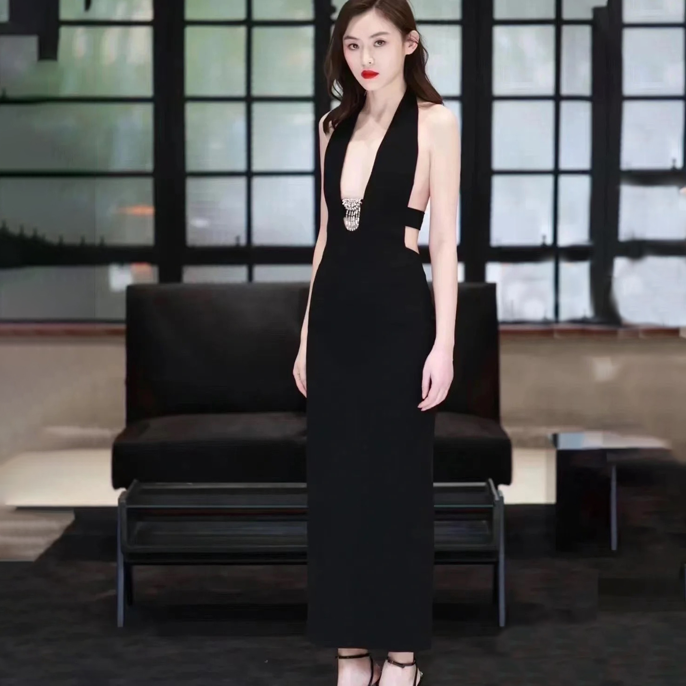 NIGO Saint Laurent Women's Spring And Summer Black V-neck Long Temperament Luxury Sexy Crystal Decoration Backless Dresses Ngvp #nigo8795