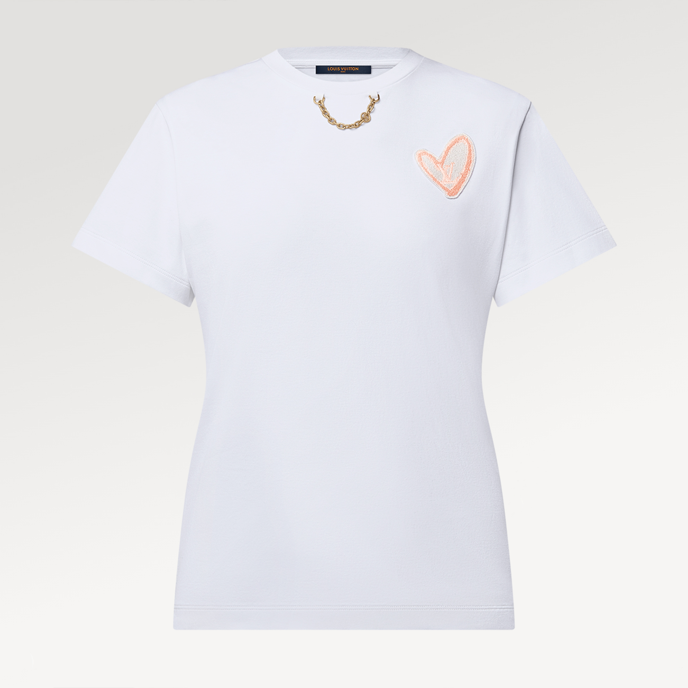 NIGO Louis Vuitton Women's Spring And Summer LV Chain Heart Appliqué T-shirt Solid Color Fashion Casual Round Neck Cotton Tops #nigo71375