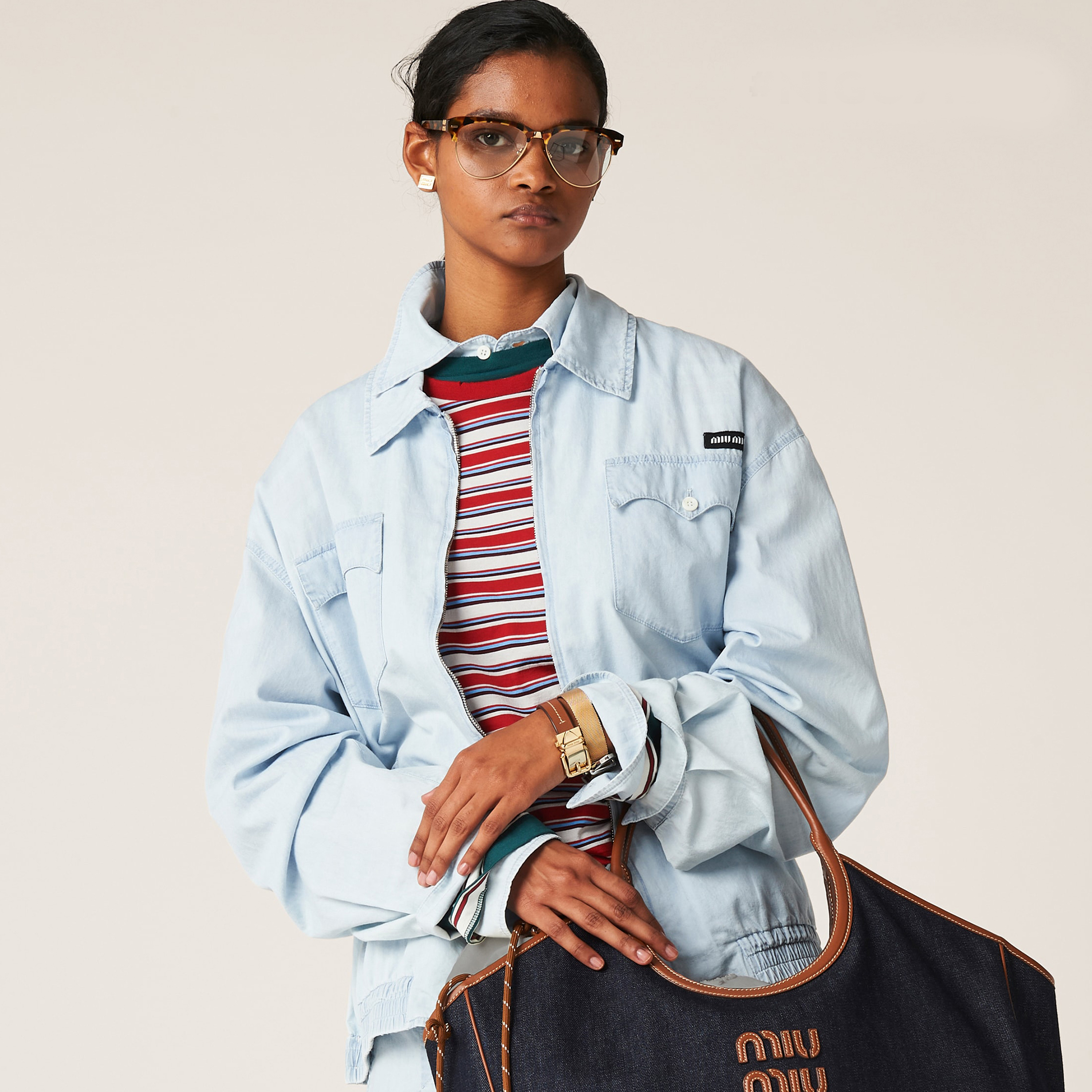 NIGO MiuMiu Women's Men's Light Blue Vintage Aged Washed Thin Denim Jacket Lapel Logo Pattern Zipper Shirt Jeans #nigo71376