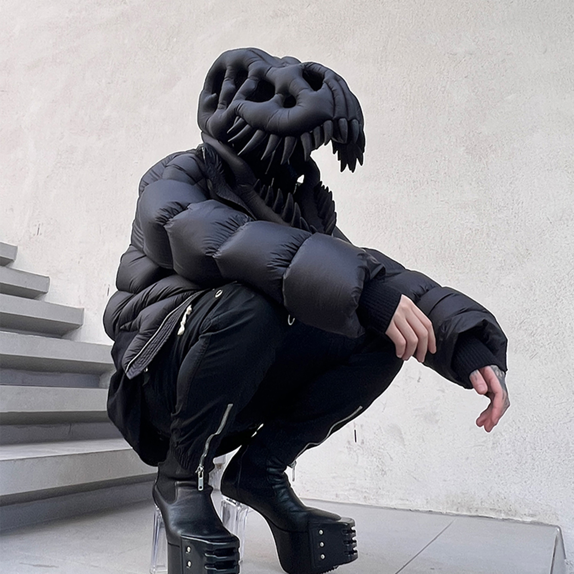 NIGO Rick Owens Men's And Women's Fall And Winter Dinosaur Down Jacket Black Handmade Customized Tyrannosaurus Rex Design Ski Suit Thickened White Duck Down Ngvp #nigo8863