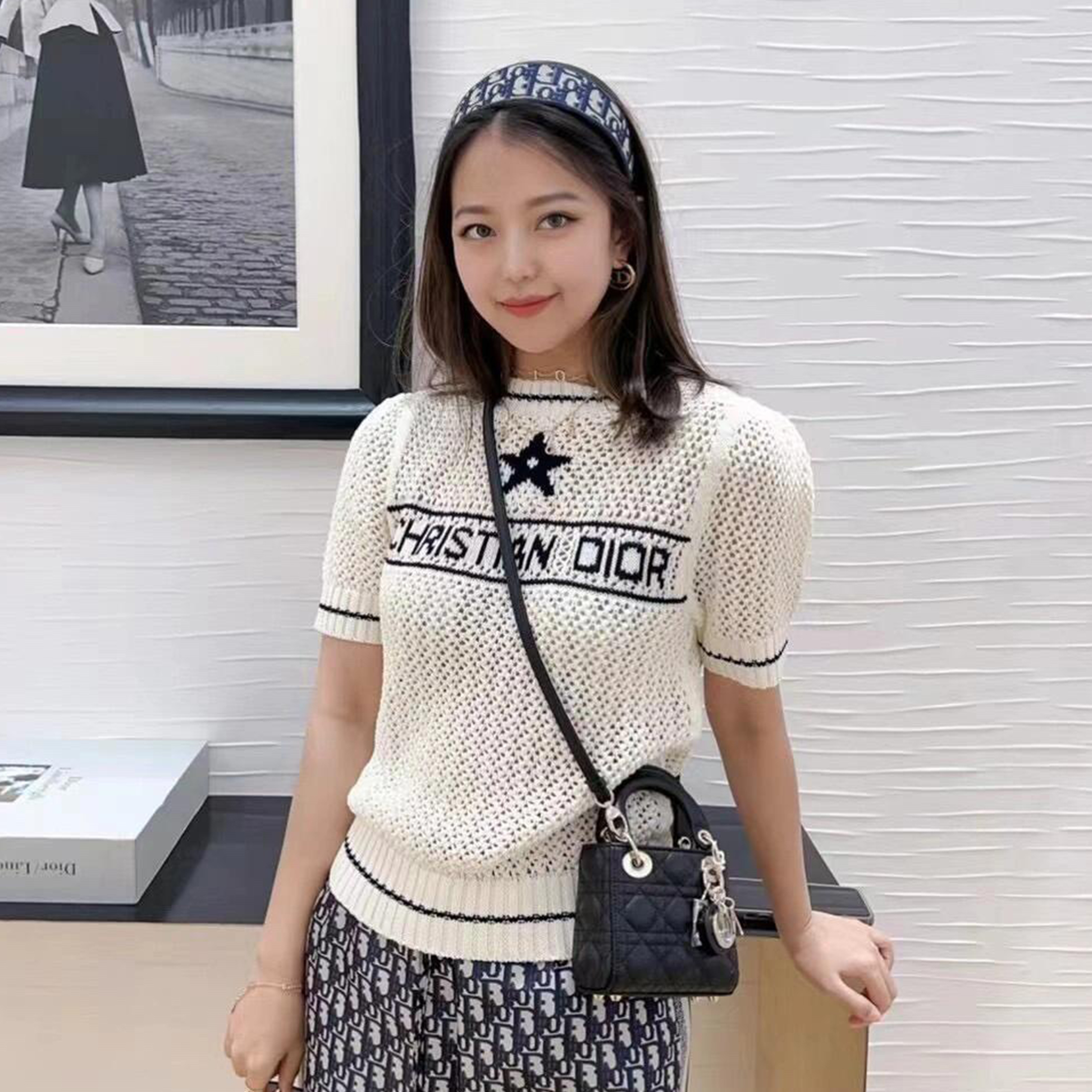 NIGO Dior Women's Spring And Autumn Logo Embroidery Hollow Cotton Round Neck Knit Short Sleeve Sweater #nigo71365