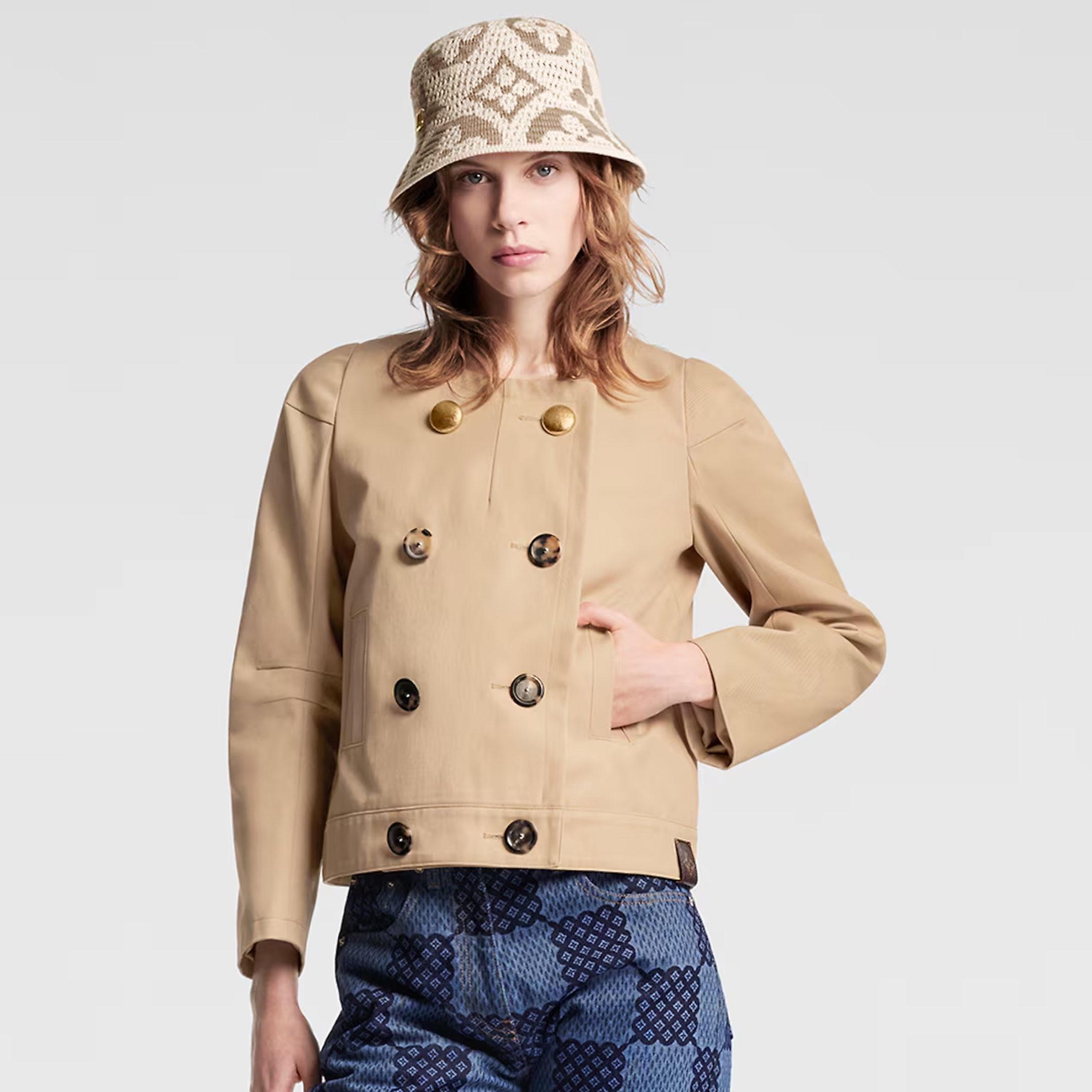 NIGO Louis Vuitton Women's Spring and Autumn Solid Color Round Collar Cotton Gabardine Double Breasted Long Sleeve Suit Fitted Blazer Jacket #nigo71364