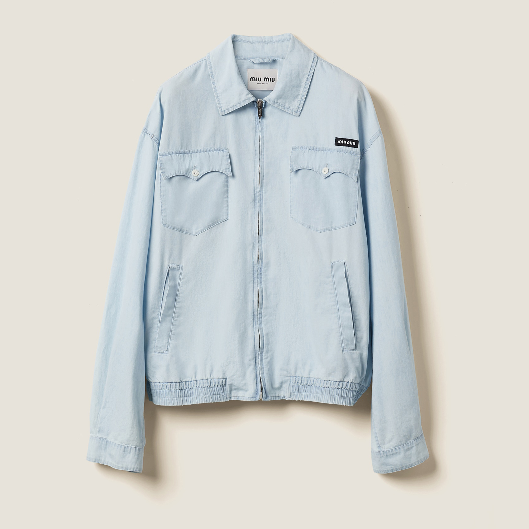 NIGO MiuMiu Women's Men's Light Blue Vintage Aged Washed Thin Denim Jacket Lapel Logo Pattern Zipper Shirt Jeans #nigo71376
