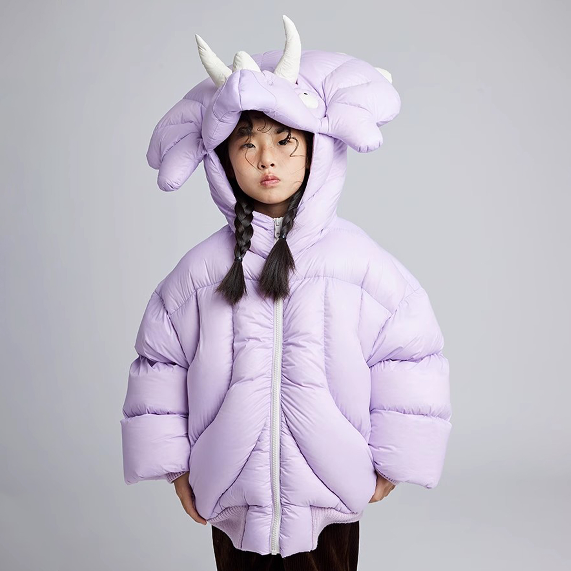 NIGO Kid's Autumn And Winter Solid Color Triceratops Jacket Thickened Short Zipper Loose Hooded Puffer Down Jacket #nigo31322