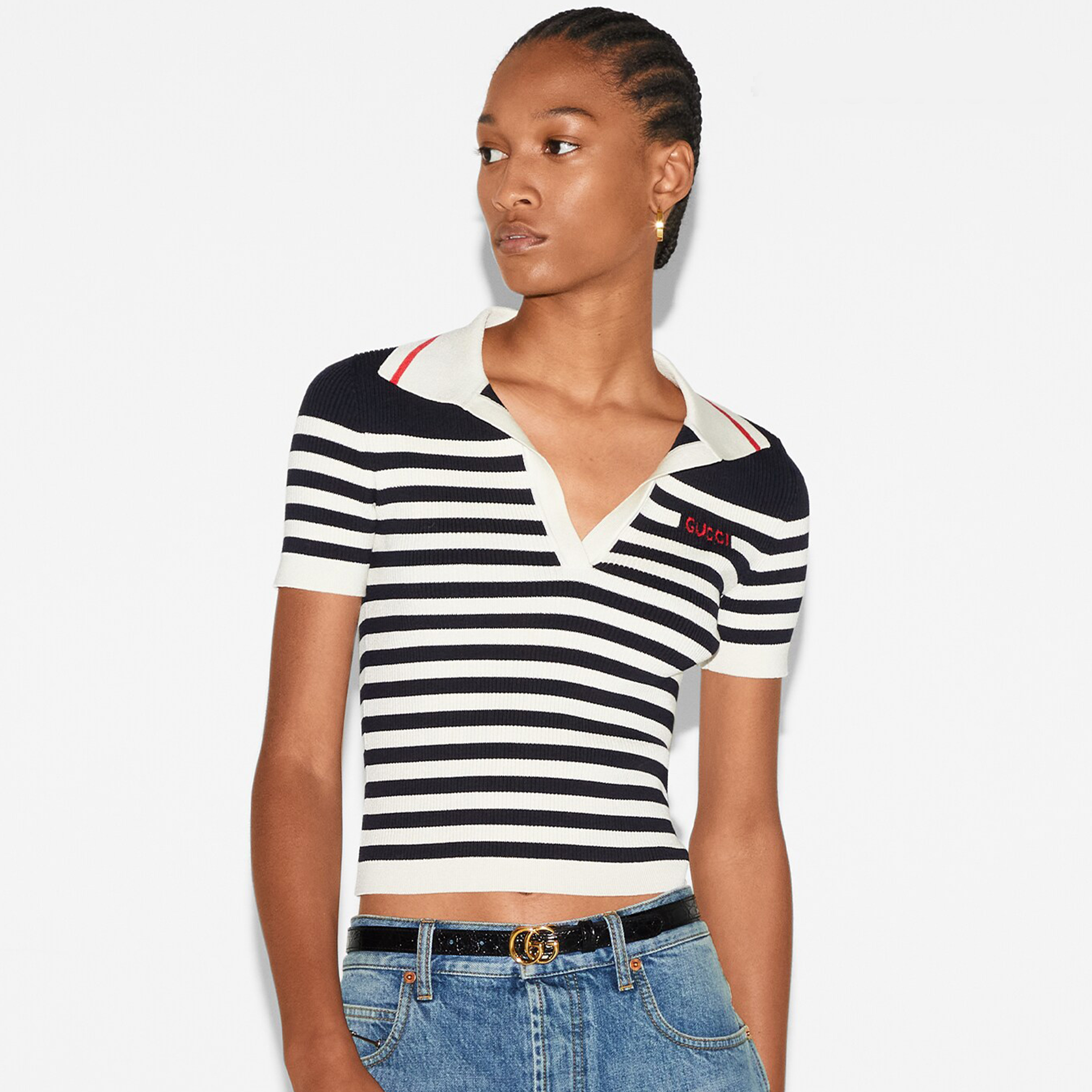 NIGO Gucci Women's Spring And Summer Striped Letter Logo Polo Knit Sweater Fashion Casual Temperament V-neck Short Sleeve T-shirt #nigo71379