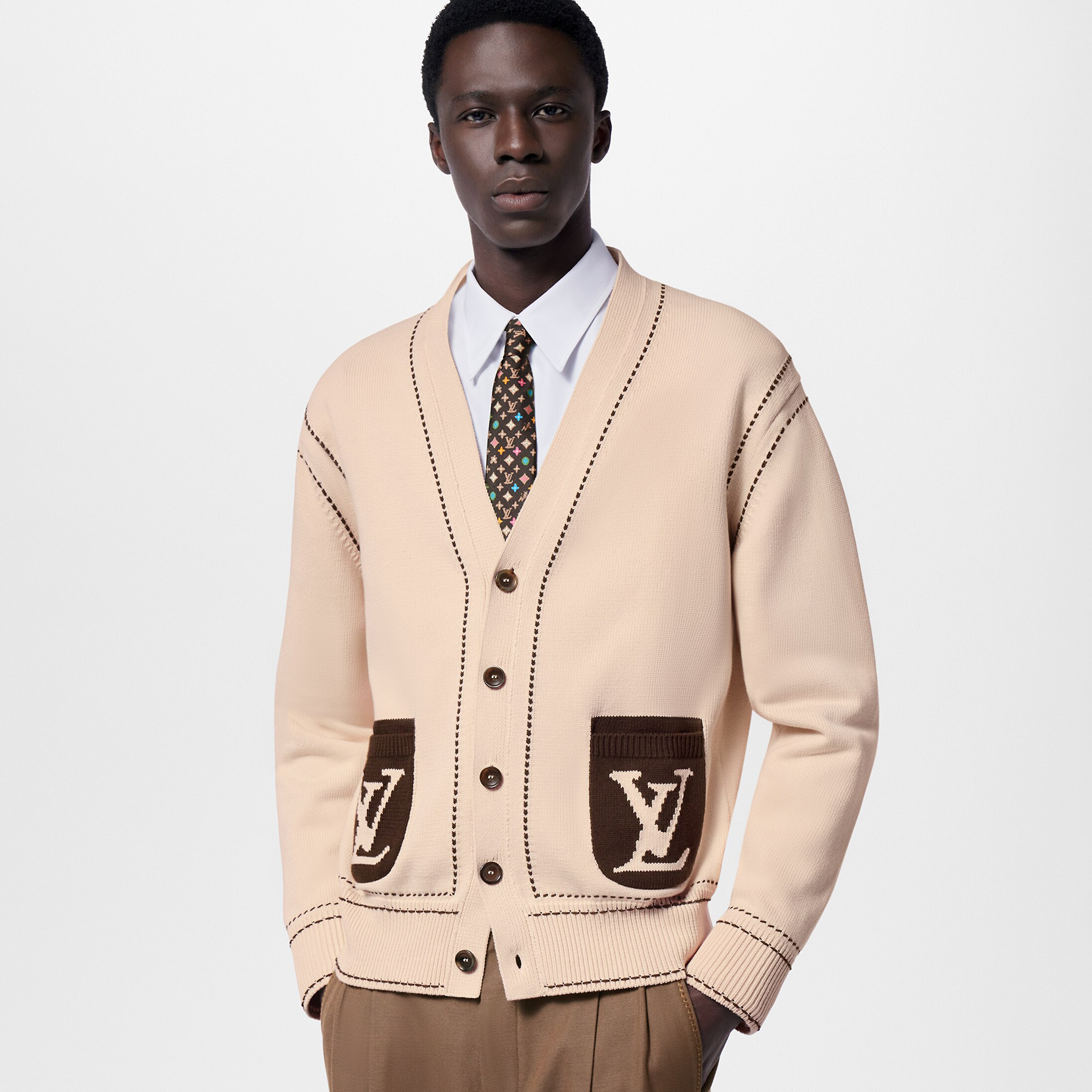 NIGO Louis Vuitton Men's Spring & Autumn Cream Logo Letter Applique Single Breasted V-Neck Long Sleeve Knit Shirt #nigo72477