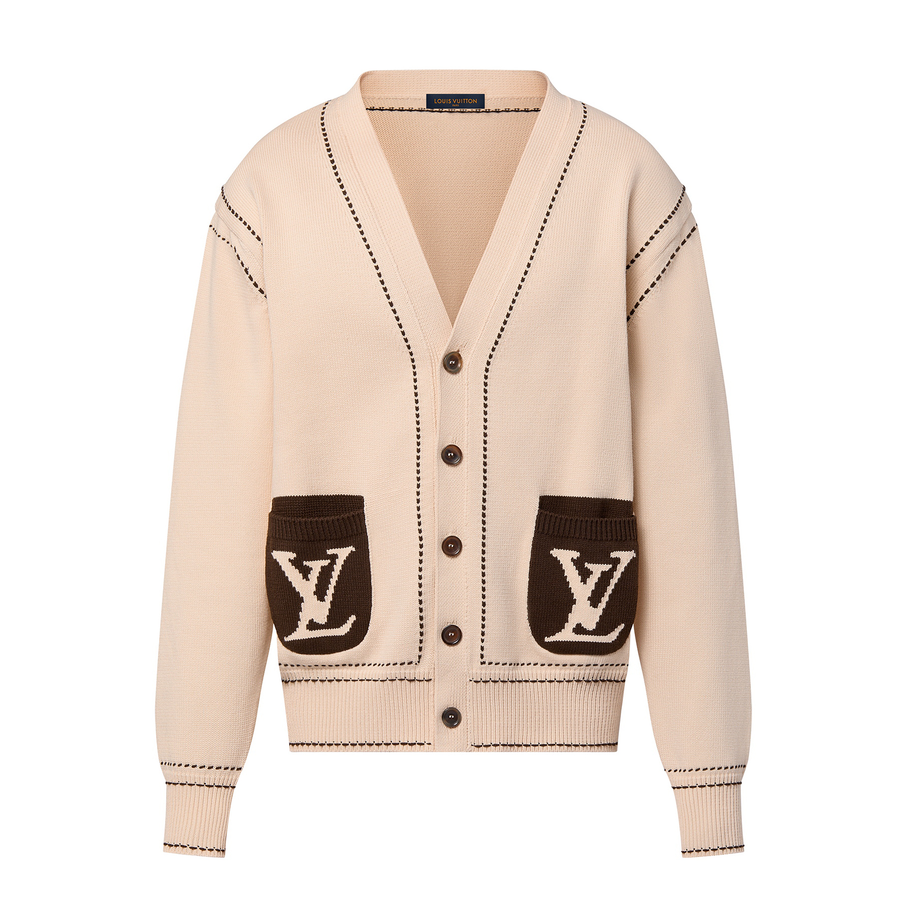 NIGO Louis Vuitton Men's Spring & Autumn Cream Logo Letter Applique Single Breasted V-Neck Long Sleeve Knit Shirt #nigo72477