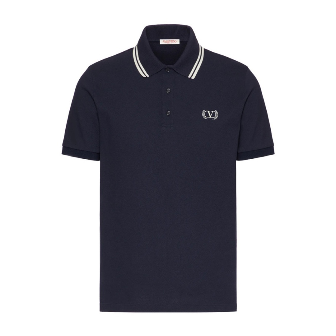 NIGO Valentino Men's Summer Navy Blue Stripe Detail Logo Embroidered Short Sleeve Polo Shirt T-Shirt #nigo72474