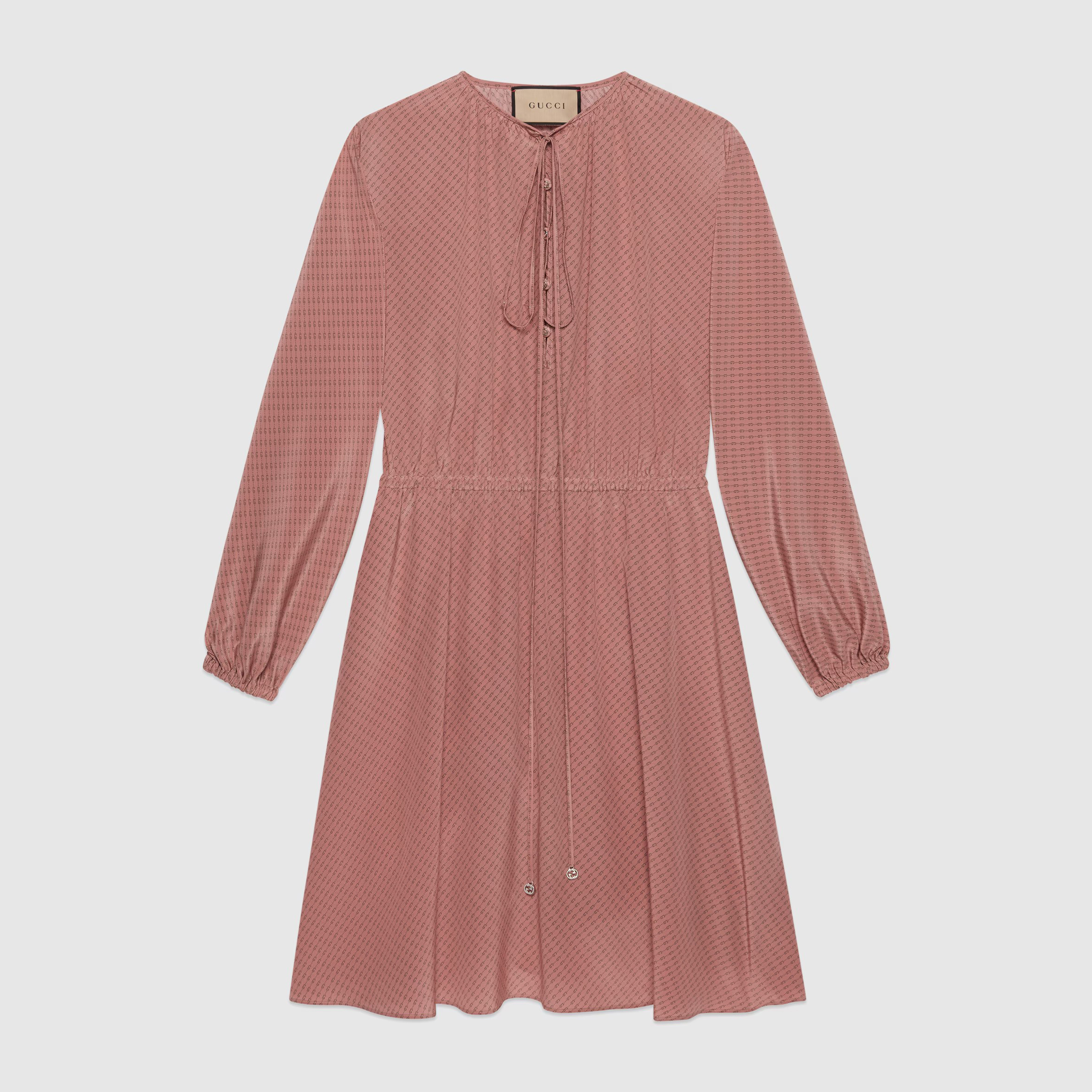 NIGO Gucci Women's Summer Pink All Over Logo Printed Silk Tunic Long Sleeve Dresses #nigo72483