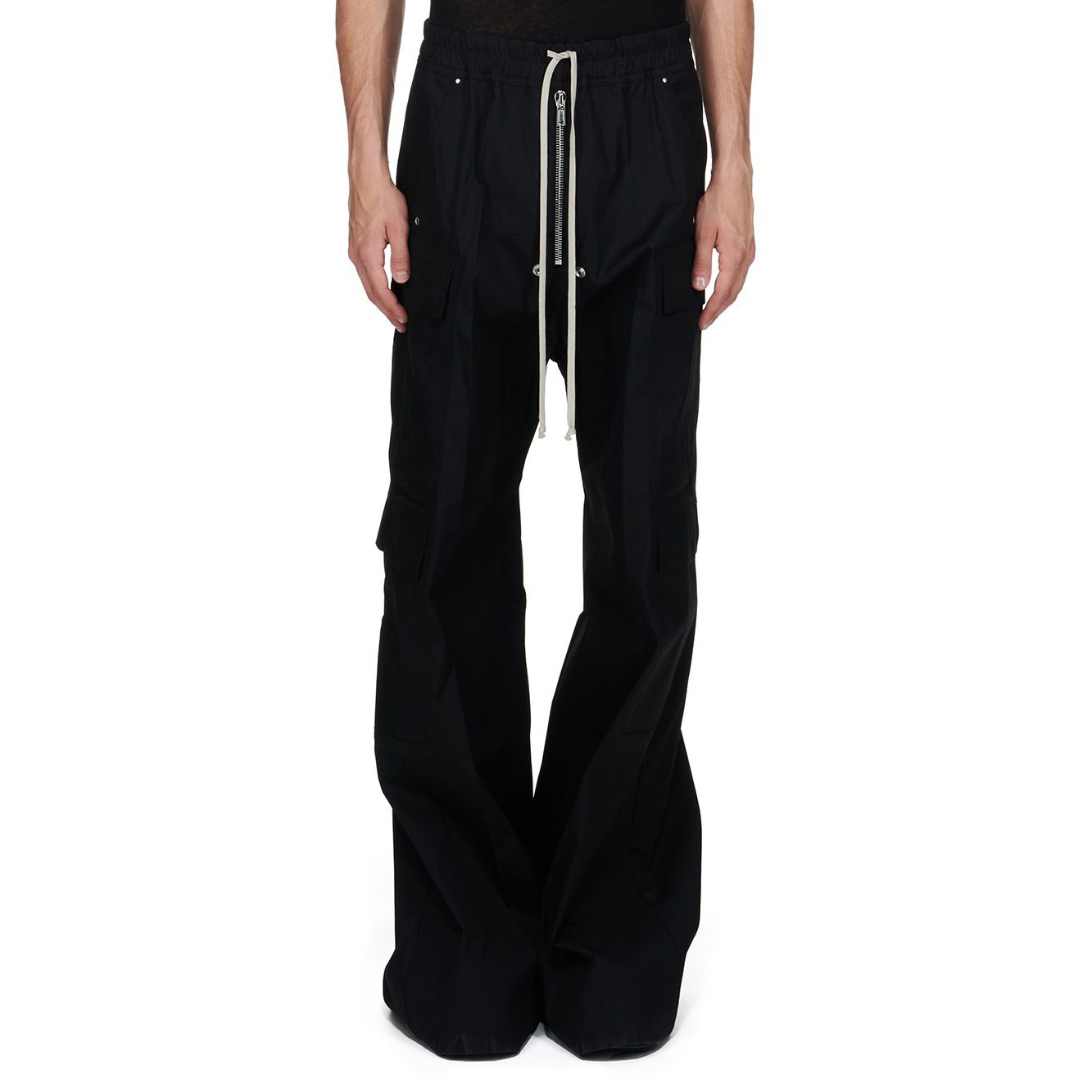 NIGO Rick Owens Men's Spring & Fall Black Multi-Pocket Drawstring Zipper Wide Leg Flared Pants #nigo72482