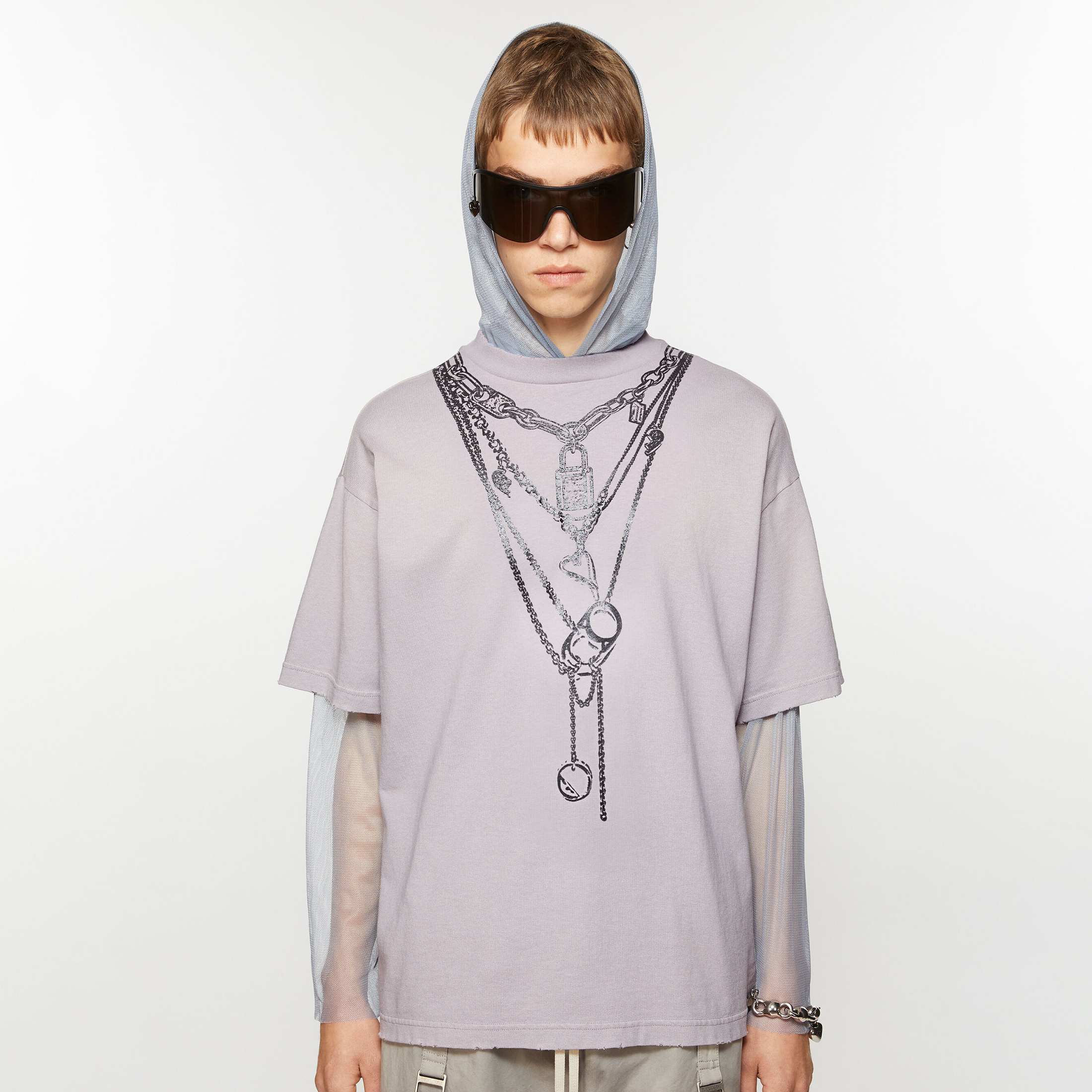 NIGO Acne Studios Men's Summer Necklace Printed Layered Mesh Fabric Patchwork Hooded Long Sleeve Solid Color T-Shirt Ngvp #nigo8839