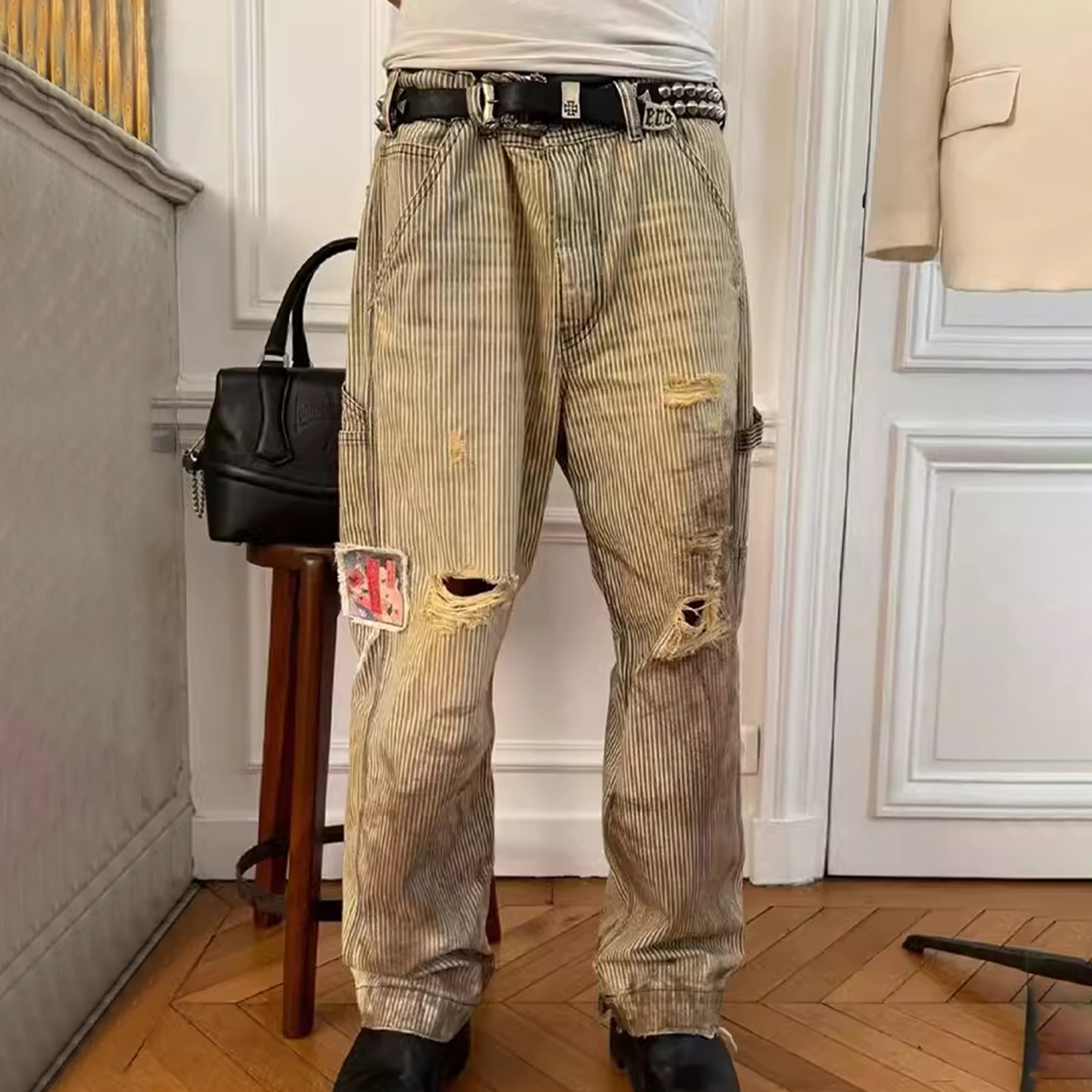 NIGO Enfants Riches Deprimes Men's Women's Four Seasons Solid Colour Logo Patch Aged Destroyed Stripe Workwear Trousers Straight Leg Casual Denim Pants Ngvp #nigo8844