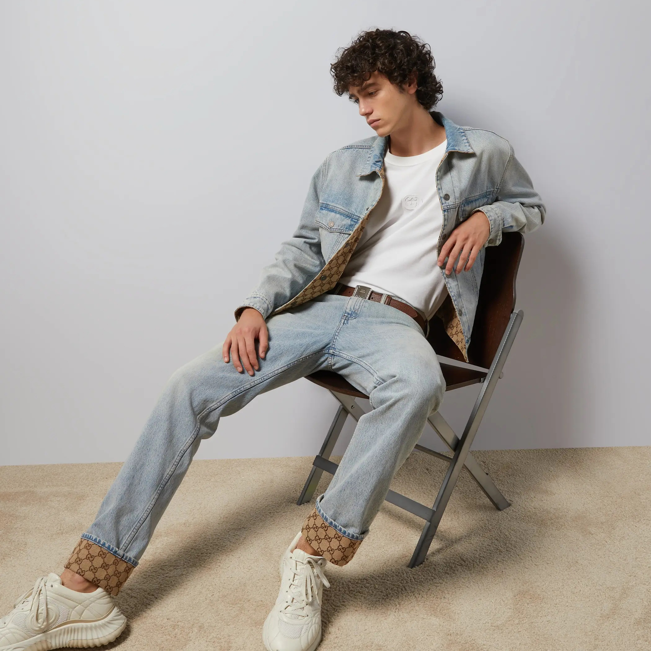 NIGO Gucci Men's Spring And Fall Light Blue Reversible Denim Single Breasted Double Pockets Lapel Long Sleeve Jacket Zipper Jeans Pants Set Suit #nigo72516