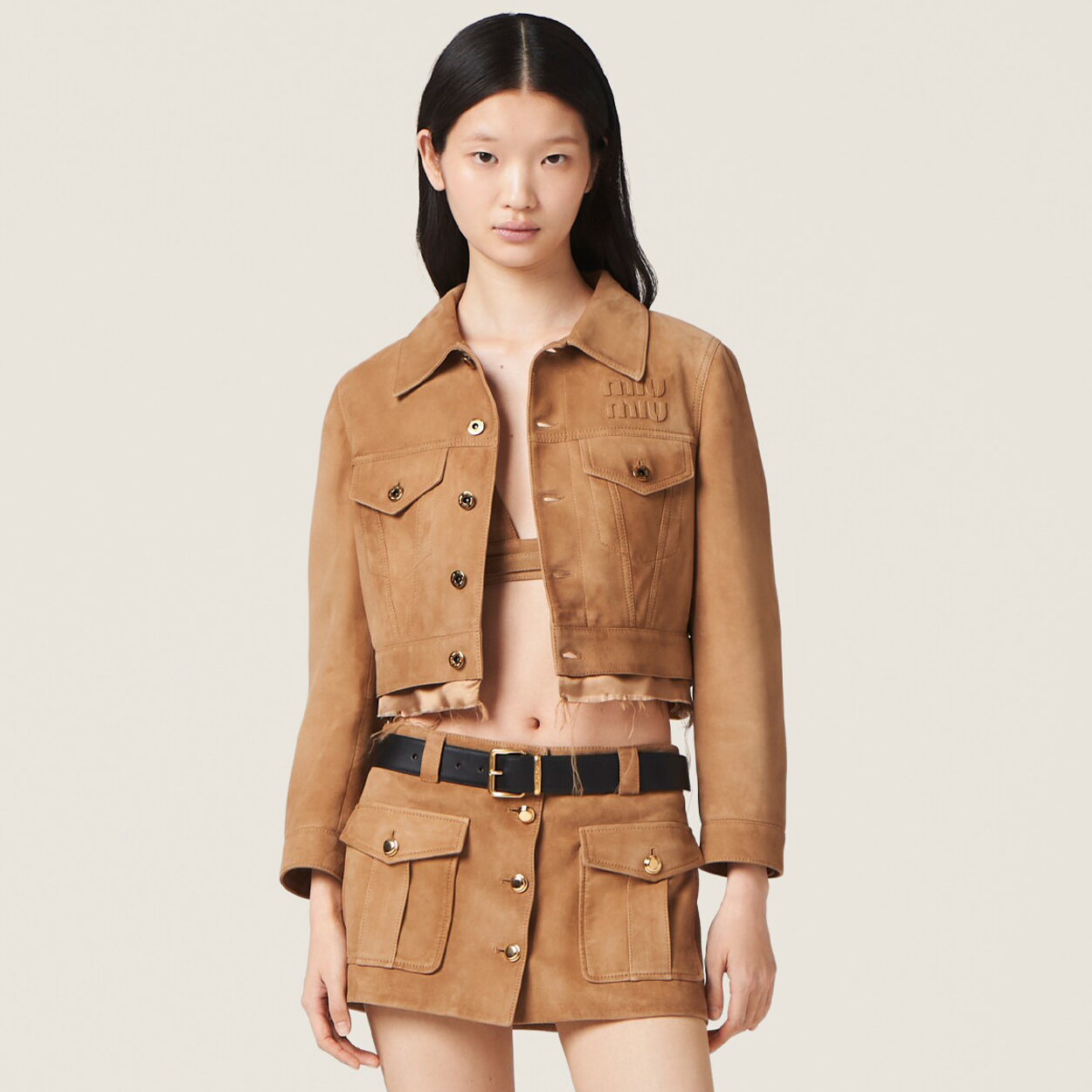 NIGO MiuMiu Women's Spring and Autumn Letter Printed Lapel Suede Single Breasted Long Sleeve Jacket Short Skirt Set Suit #nigo72519