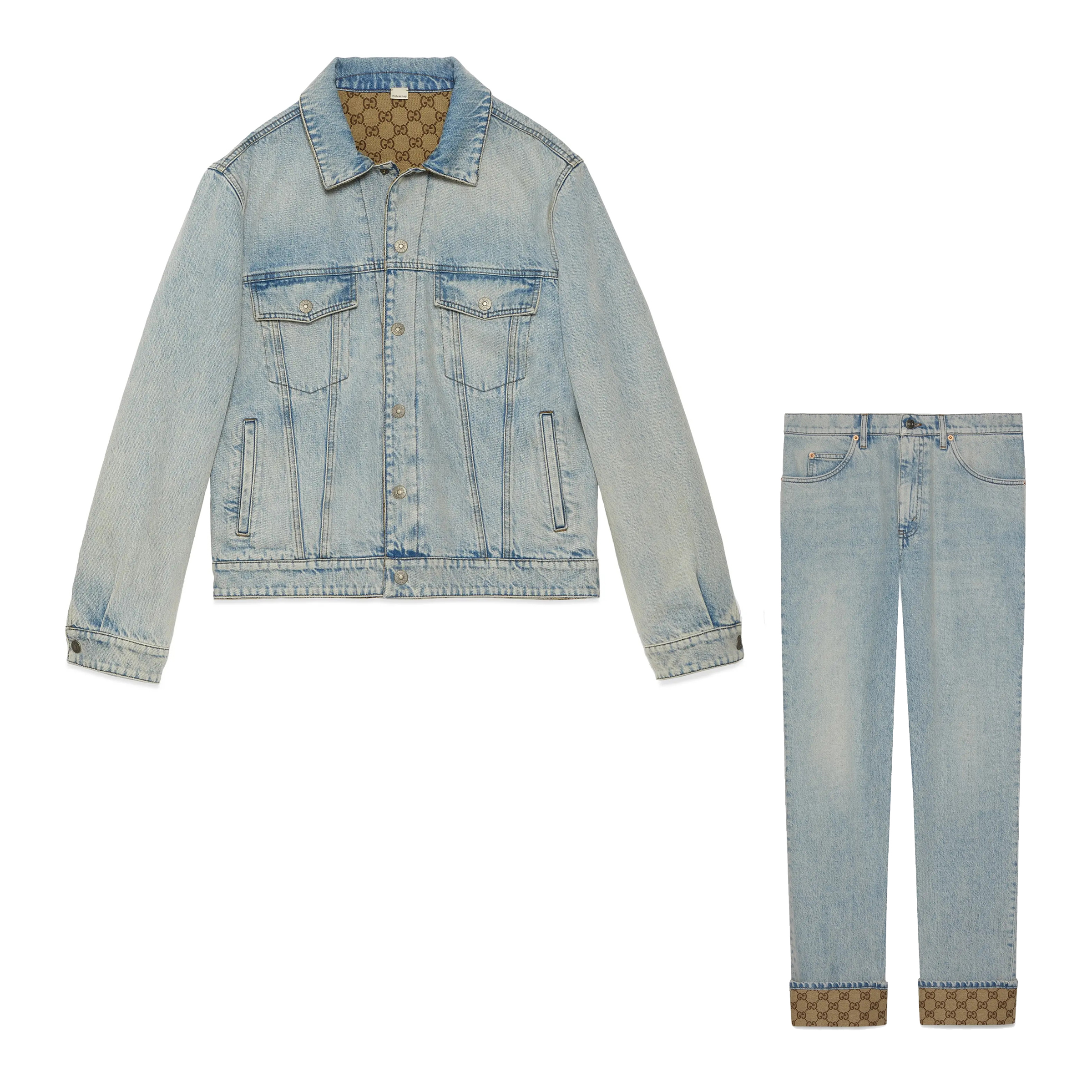 NIGO Gucci Men's Spring And Fall Light Blue Reversible Denim Single Breasted Double Pockets Lapel Long Sleeve Jacket Zipper Jeans Pants Set Suit #nigo72516