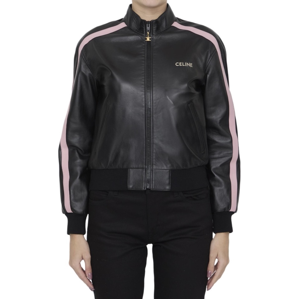 NIGO Celine Women's Spring and Autumn Alphabet Logo Printed Striped High Neck Zipper Leather Jacket Elastic Low Waist Pants Suit Set #nigo72526