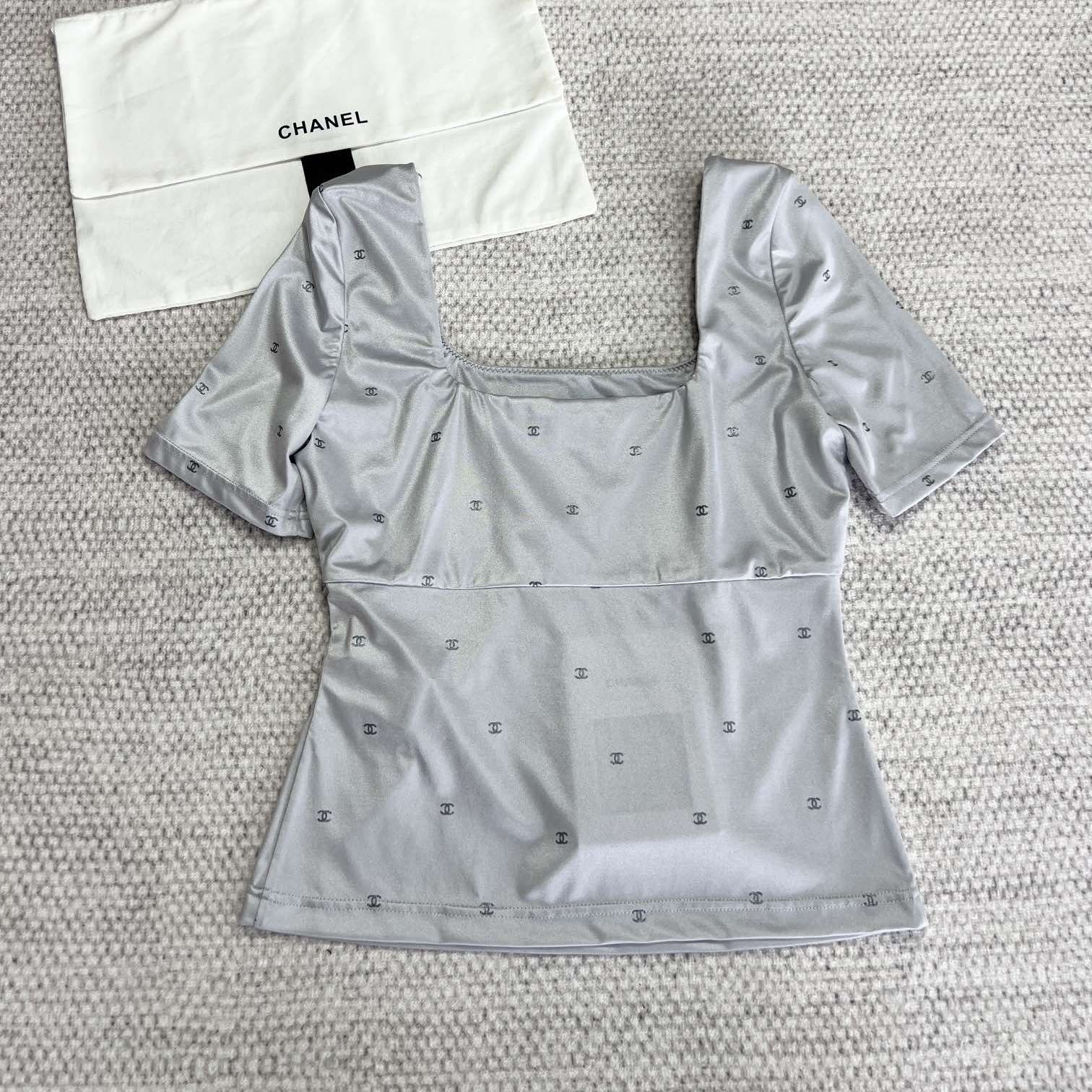 NIGO Chanel Women's Summer Gray Logo Printed Square Neck Cotton Short Sleeve T-Shirt Top #nigo72533
