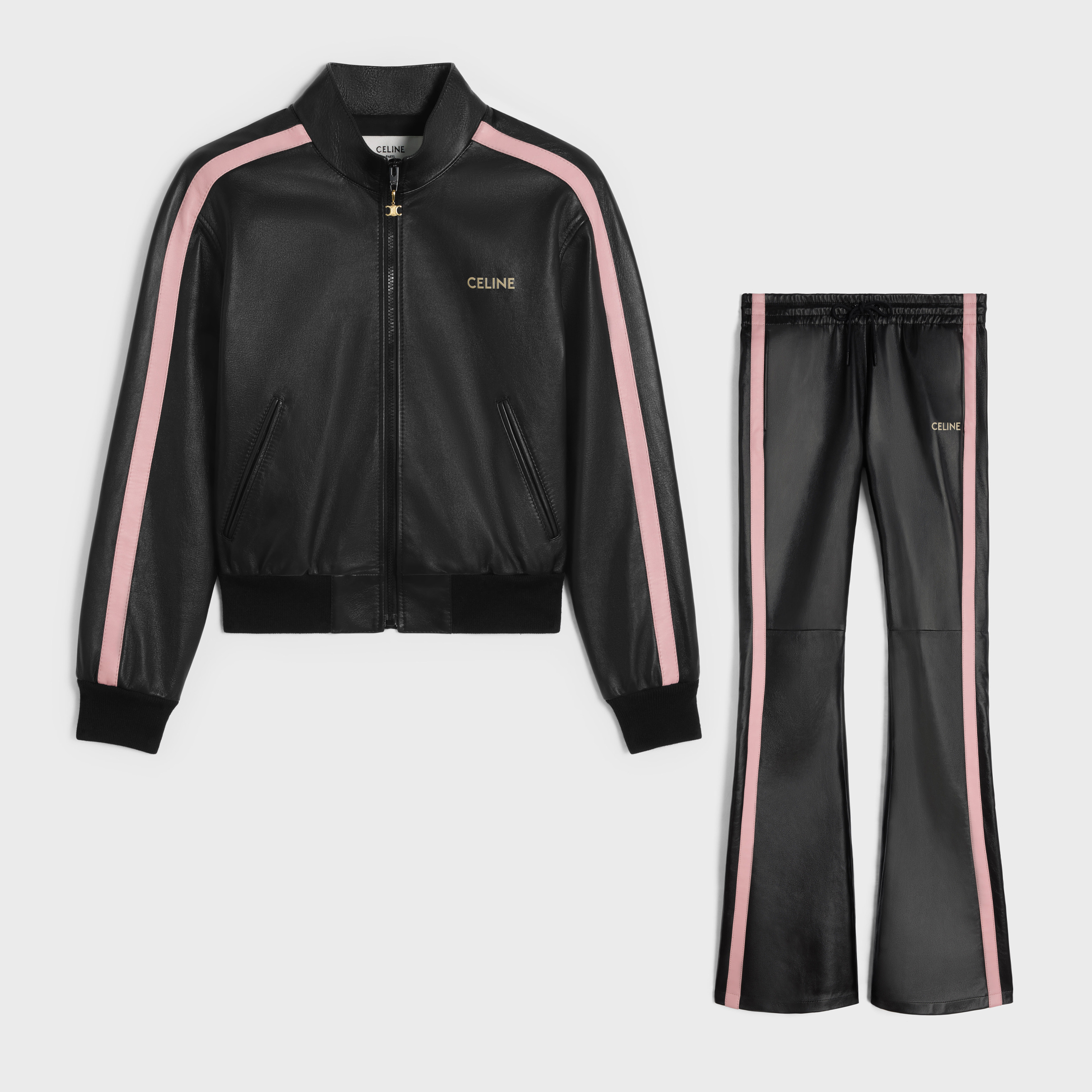 NIGO Celine Women's Spring and Autumn Alphabet Logo Printed Striped High Neck Zipper Leather Jacket Elastic Low Waist Pants Suit Set #nigo72526