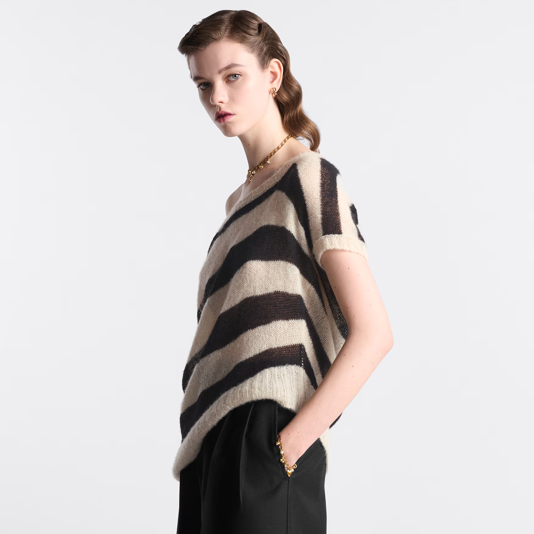 NIGO Dior Women's Summer Striped Asymmetric Cashmere Loose Short Sleeve Sweater T-Shirt #nigo72549