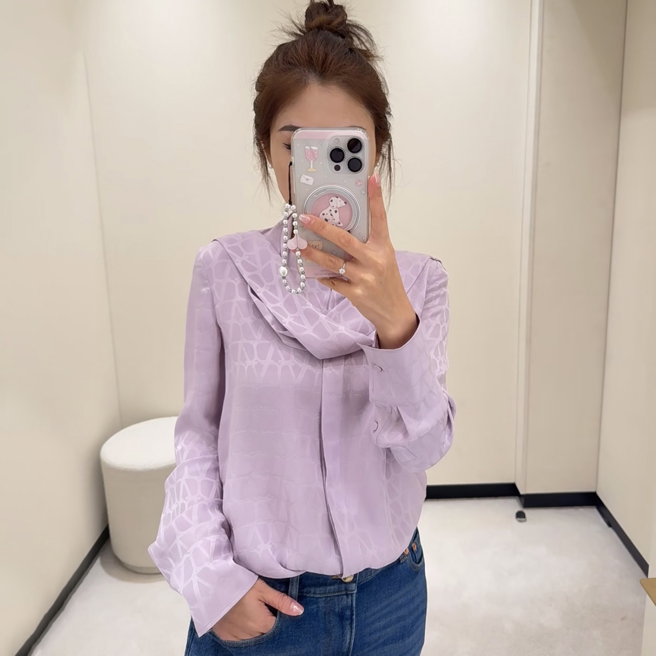 NIGO Valentino Women's Summer Dark Print Silk Fabric Tie Long Sleeve Shirt #nigo72554