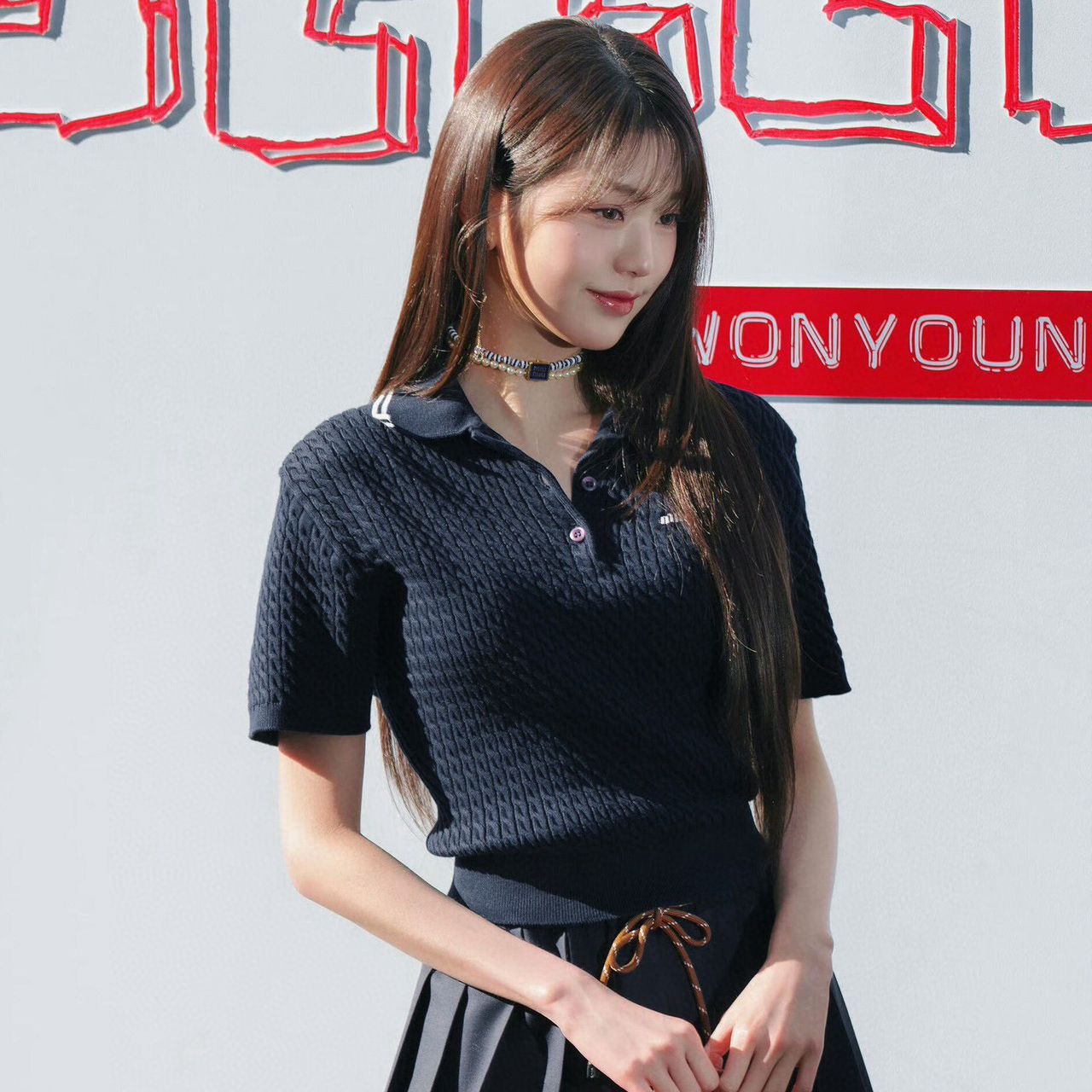 NIGO MiuMiu Women's Summer Dark Blue Letter Logo Embroidery Cotton Straight Short Sleeve Polo Shirt T-Shirt #nigo72548